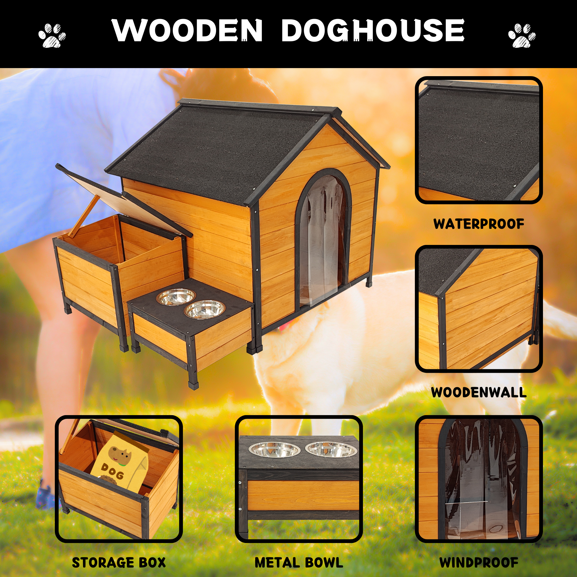 Wearable and Strong Wooden Dog House with Metal Bowls and Toy Box