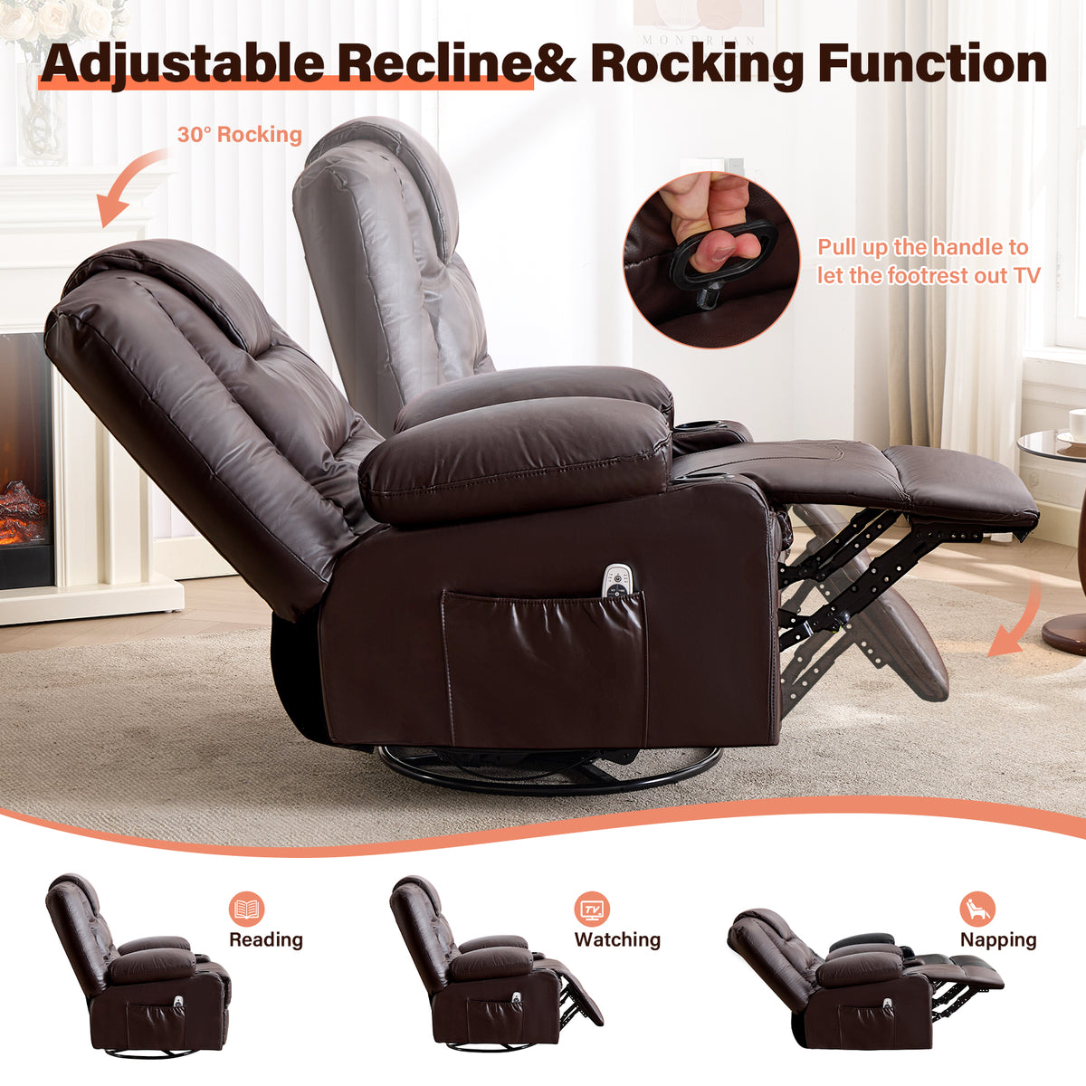 Rocker Recliner Chair with Massage and Heat for Adults,, 360°Swivel oversize recliner chair with Cup Holders, USB Charge Port, Side Pockets for Living Room,Nursery,Bedroom