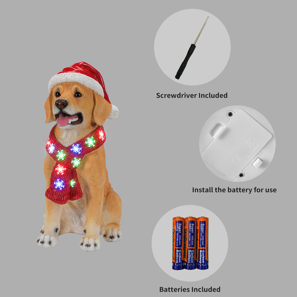 Lighted Christmas Golden Retriever Dog Statue, Santa Hat Puppy, LED Scarf