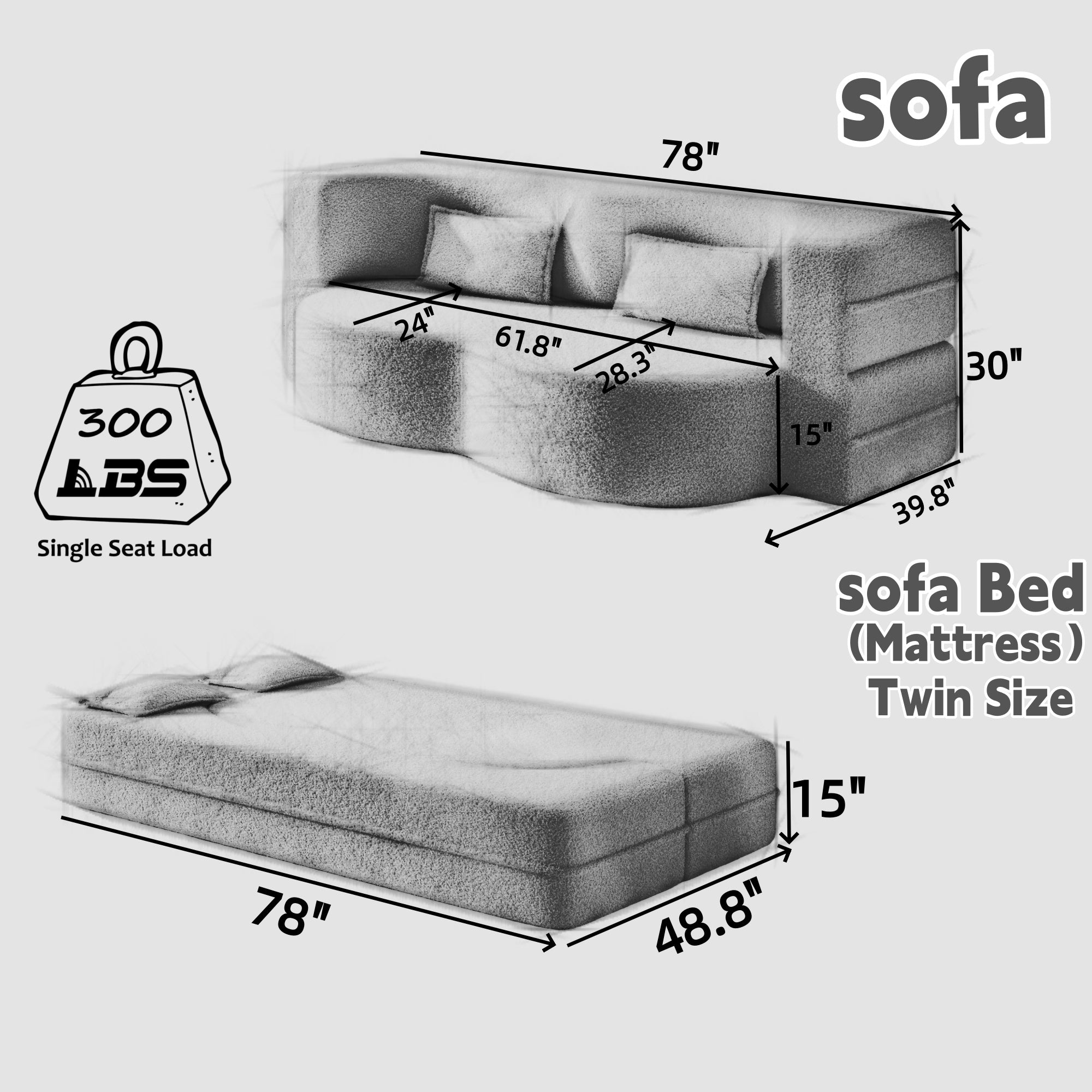 Modern Floor Sofa with Twin Size Folding Mattress