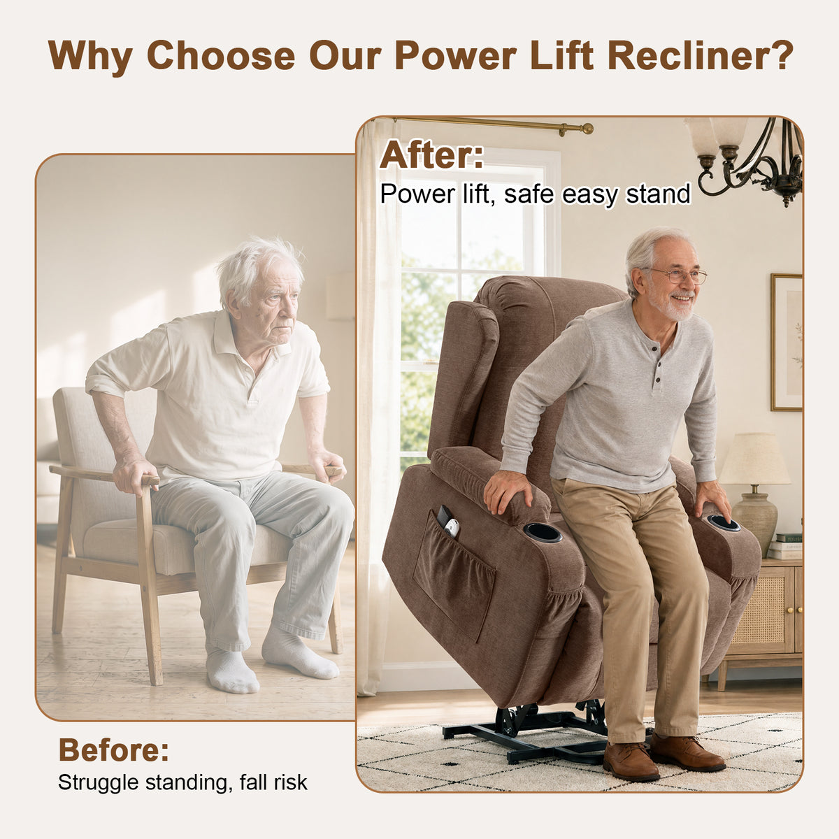 Power Lift Recliner Chair for Elderly with Massage and Heat 8-Point Massage, Lumbar Heat, Electric Lift Assistance, USB Charging Port, Dual Cup Holders, Side Pockets