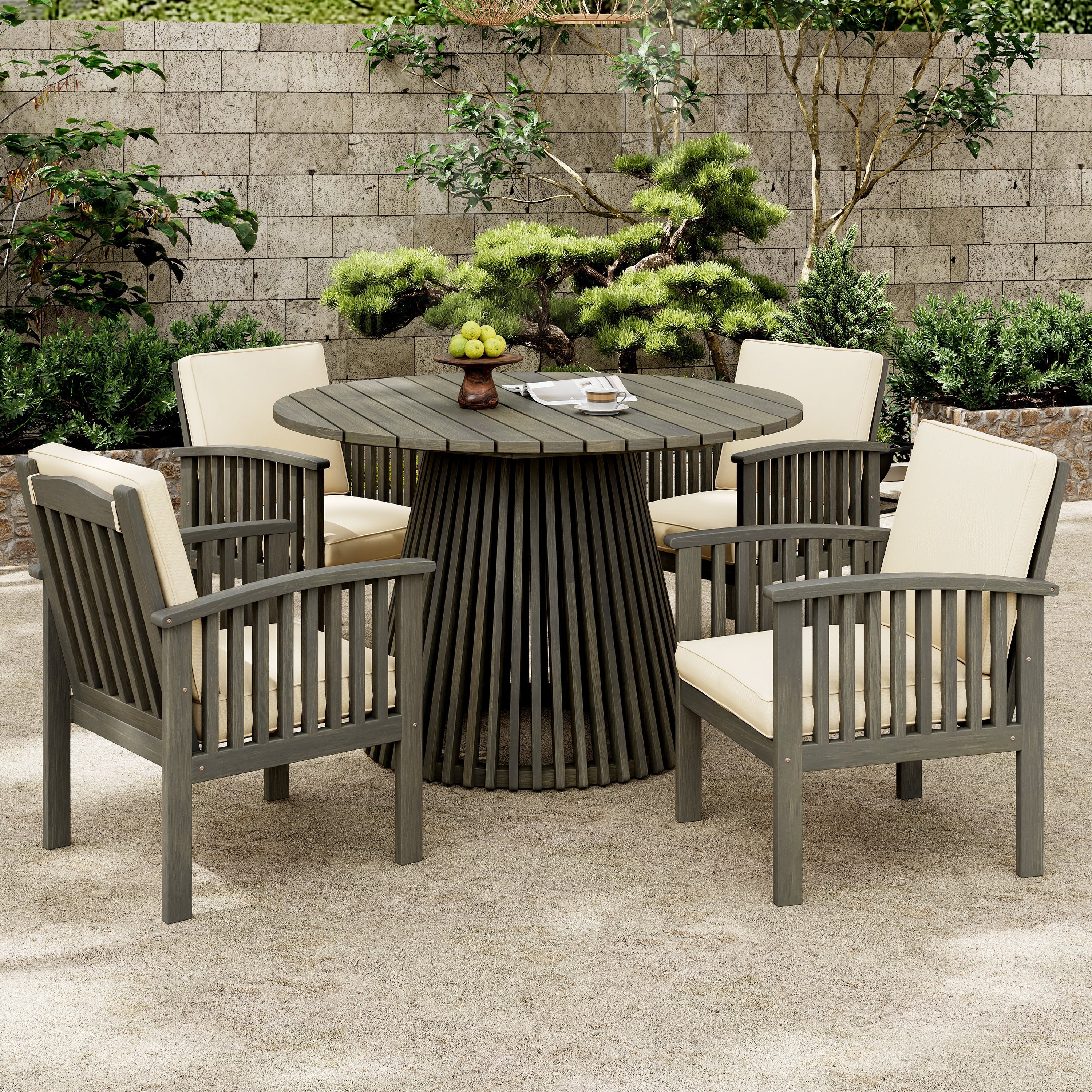 Patio Set Outdoor Acacia Wood Furniture Sets - Modern Club Chair Conversation Sets with Patio Dining Table