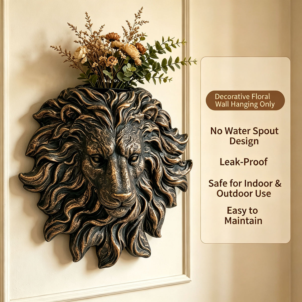 Antique Bronze Lion Head Wall Fountain Spout, 19'' Resin Vintage Lion Bust Wall Mount Water Feature Ornament, Weatherproof Lion Head Water Sprayer for Garden Patio Backyard Pool Wall Decor