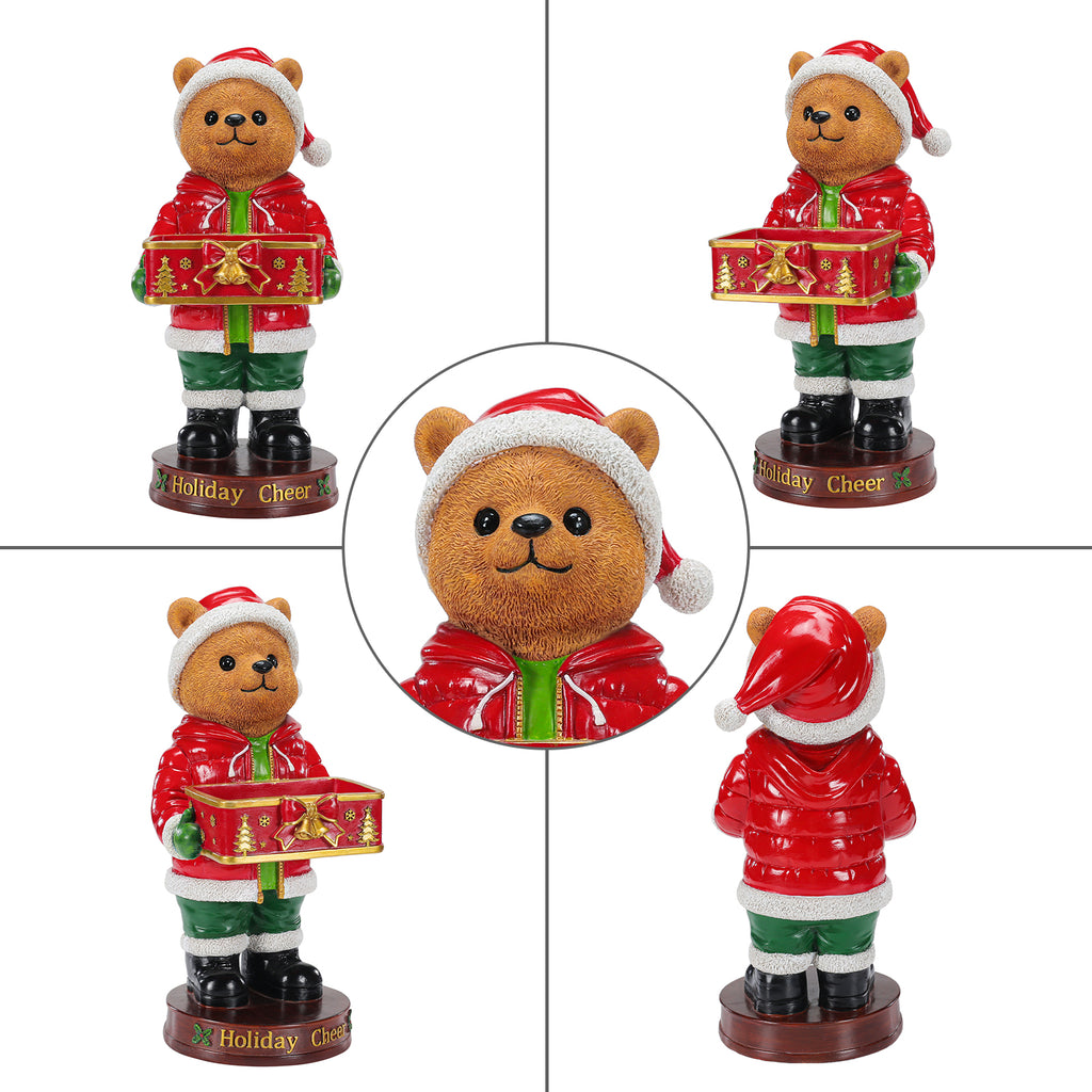 Christmas Bear Statue with Storage Tray, Red Resin, 18.5 Inches