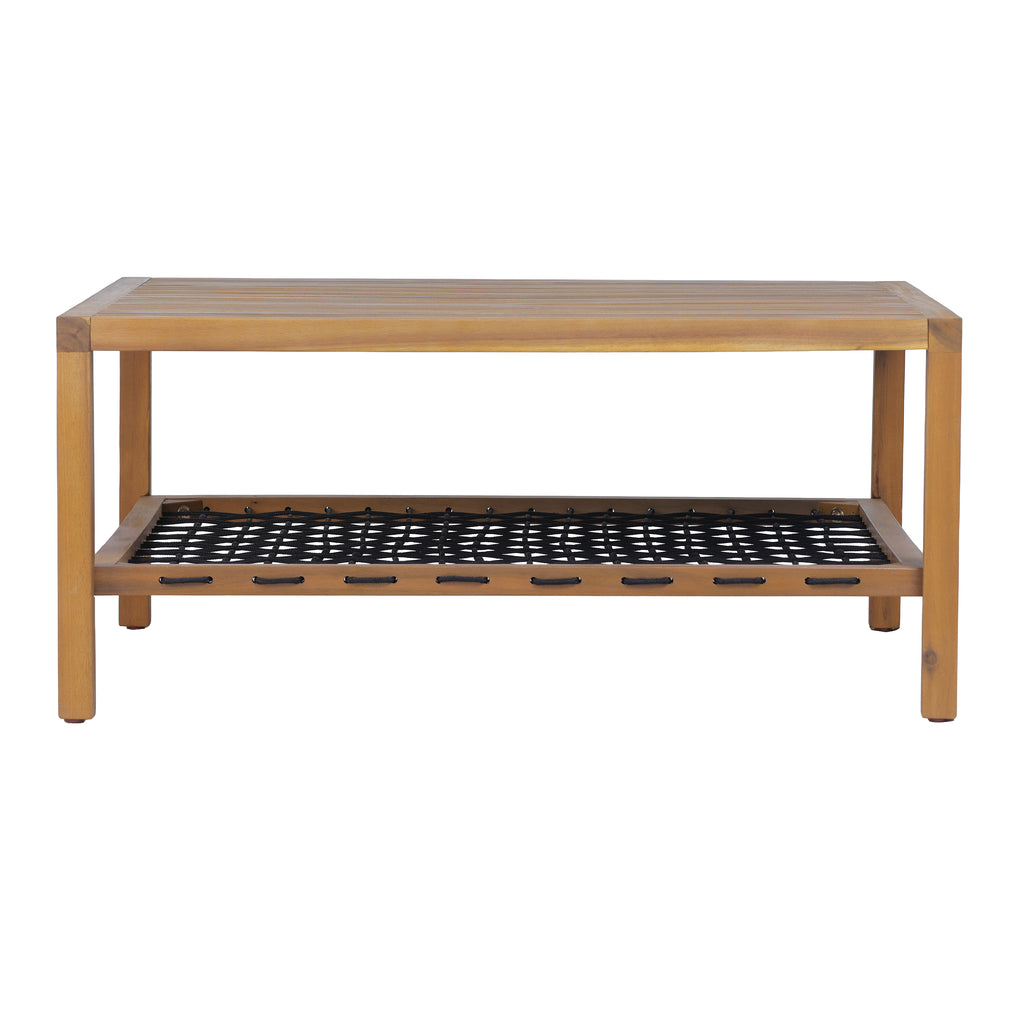 Outdoor Acacia Wood Coffee Table with Woven Rope Storage Shelf