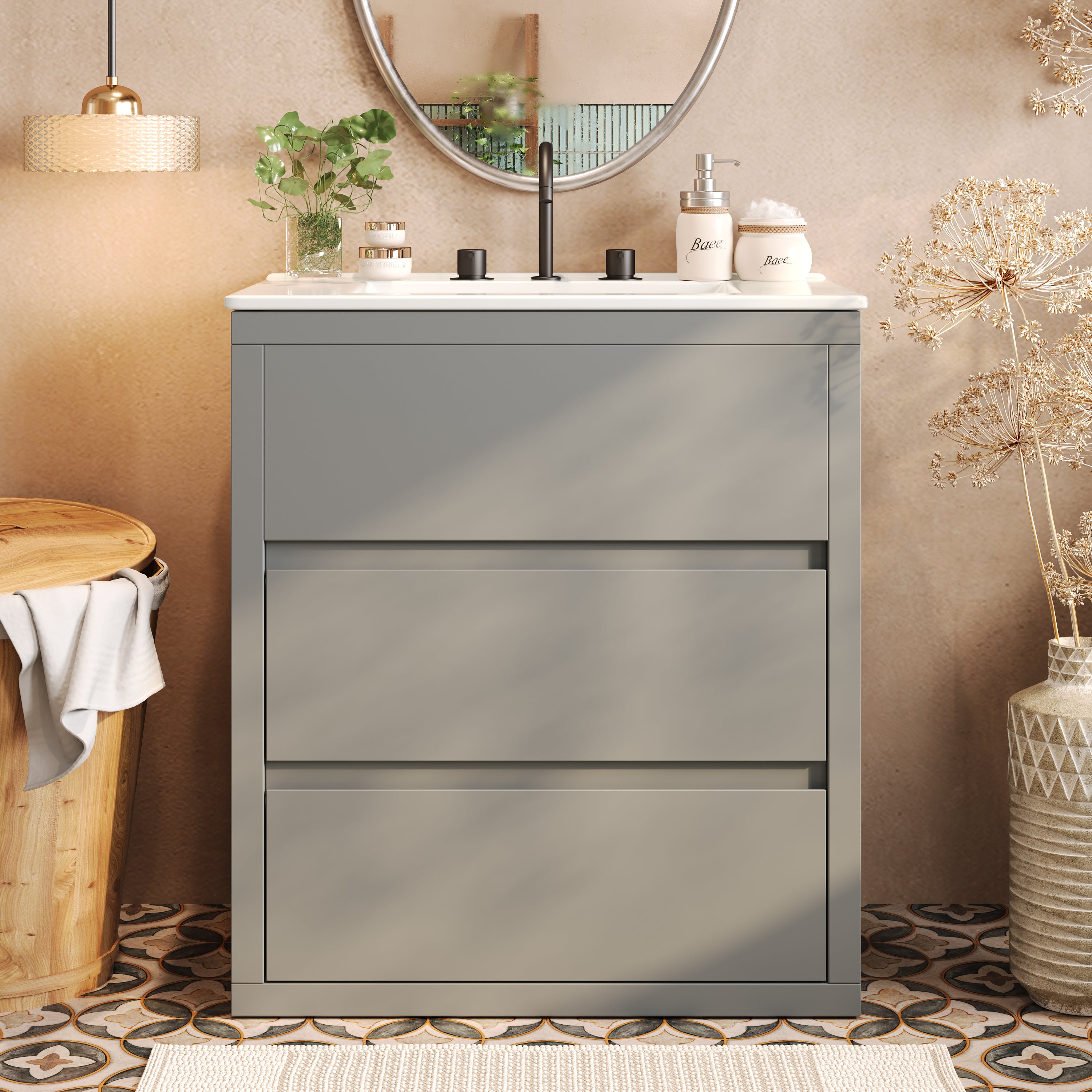 30" Bathroom Vanity with Ceramic Sink and 2 Full-Extension Drawers