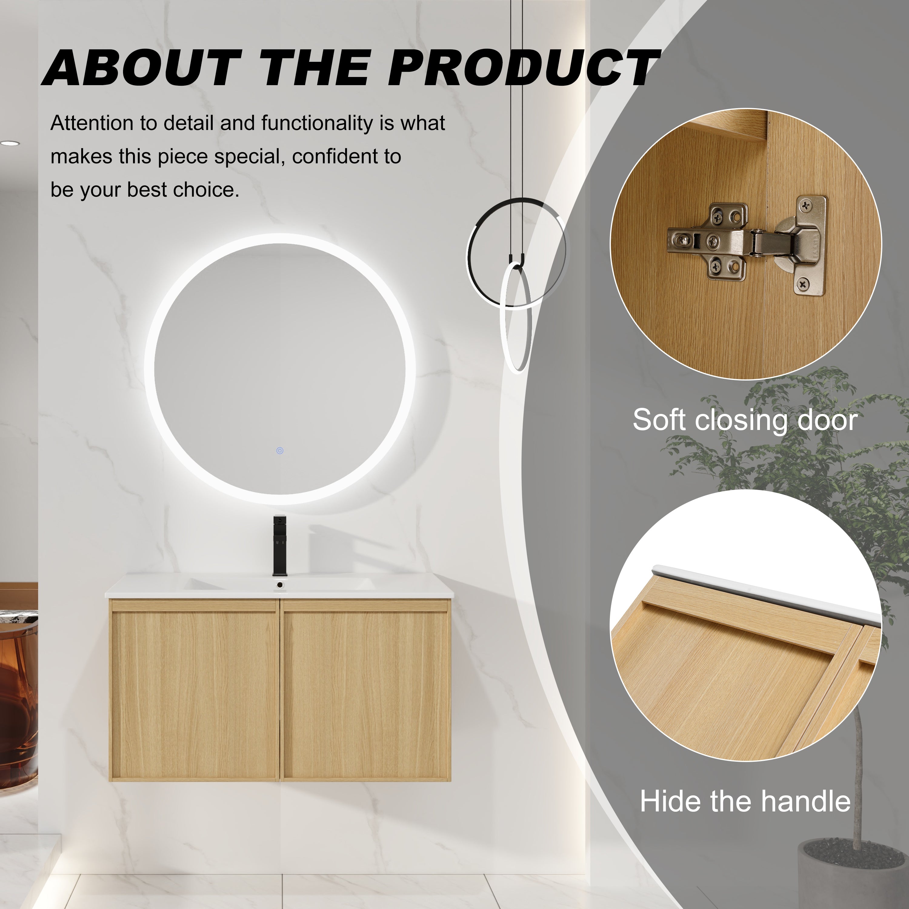 36" Floating Bathroom Vanity with Sink, Wall-Mounted Modern Light