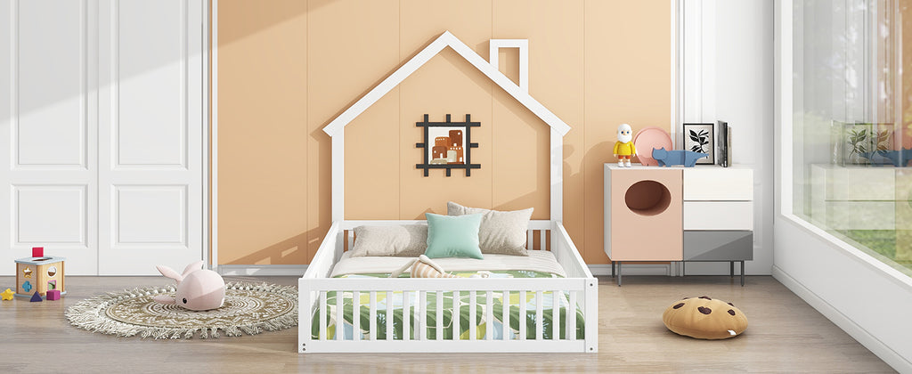 Wood Full Size House Platform Bed with Guardrail