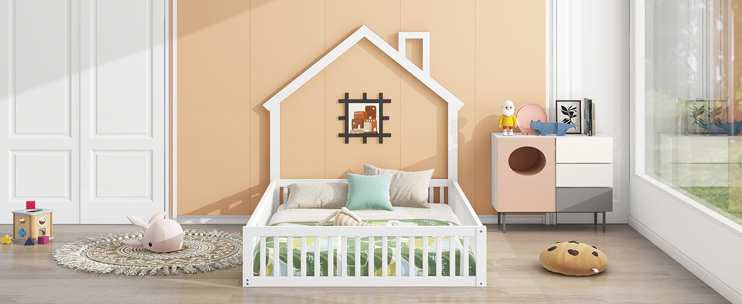 Wood Full Size House Platform Bed with Guardrail