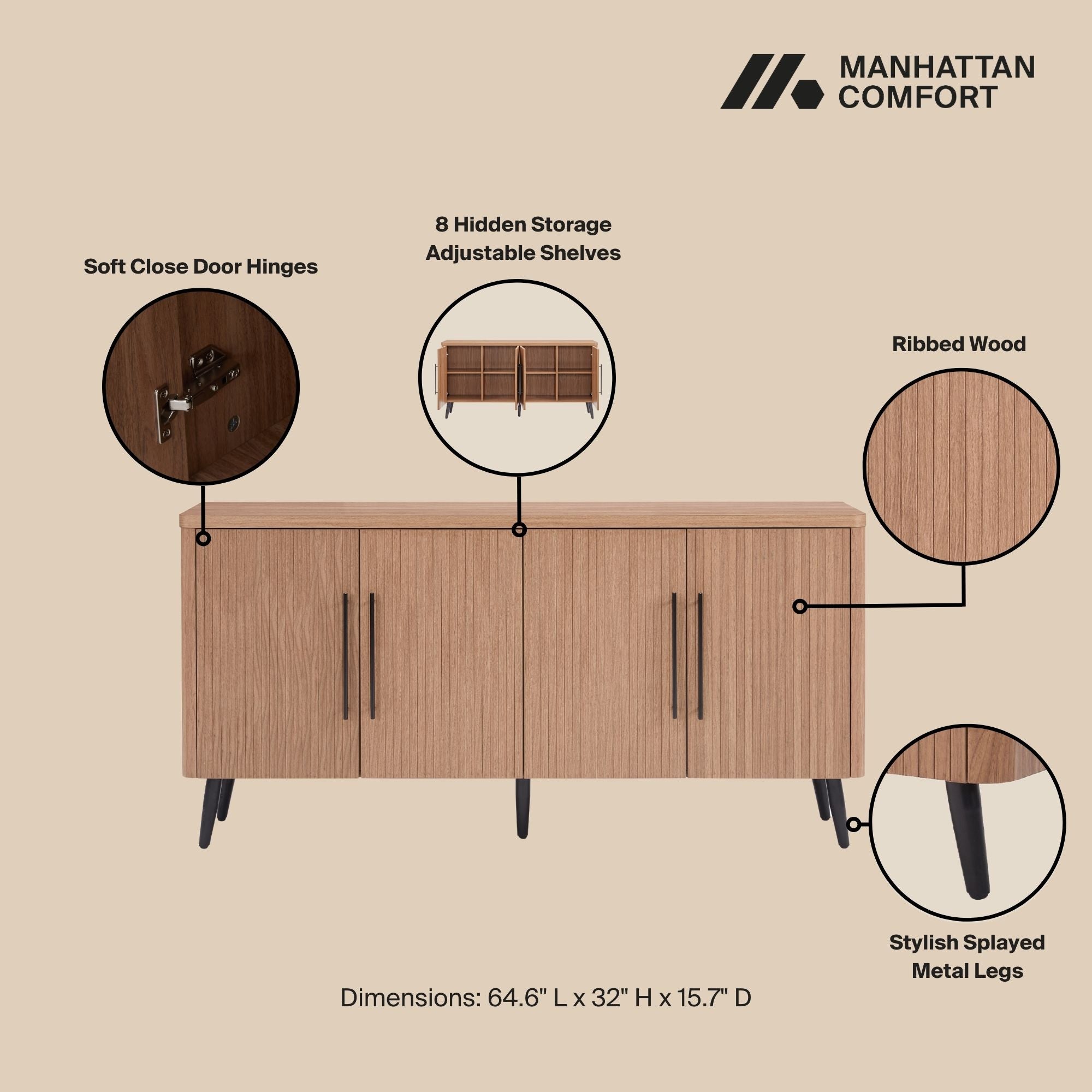 Jodie 65" Fluted Sideboard in Maple