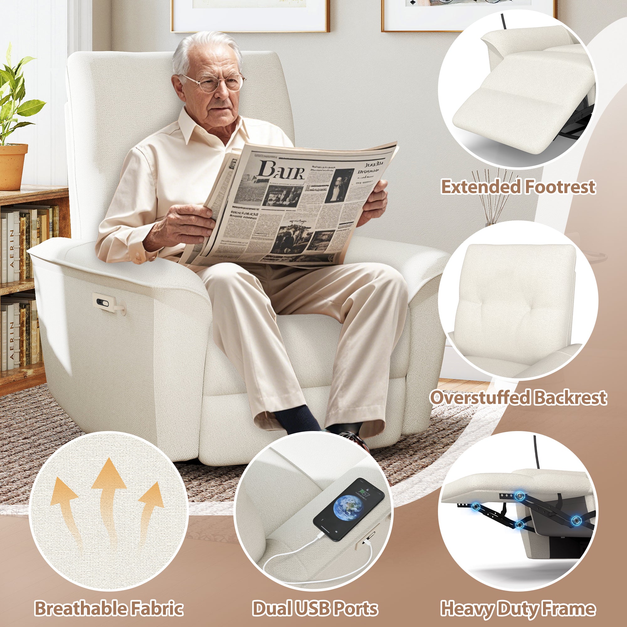 270° Power Swivel Rocker Recliner Chair w/ USB Ports - Beige-Gray