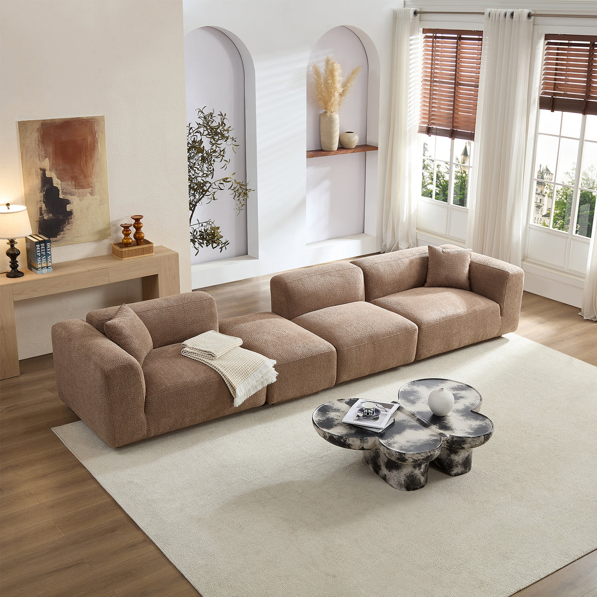 Modern Minimalist 4-Seat Sectional Sofa, 125.59-Inch, Camel Polyester