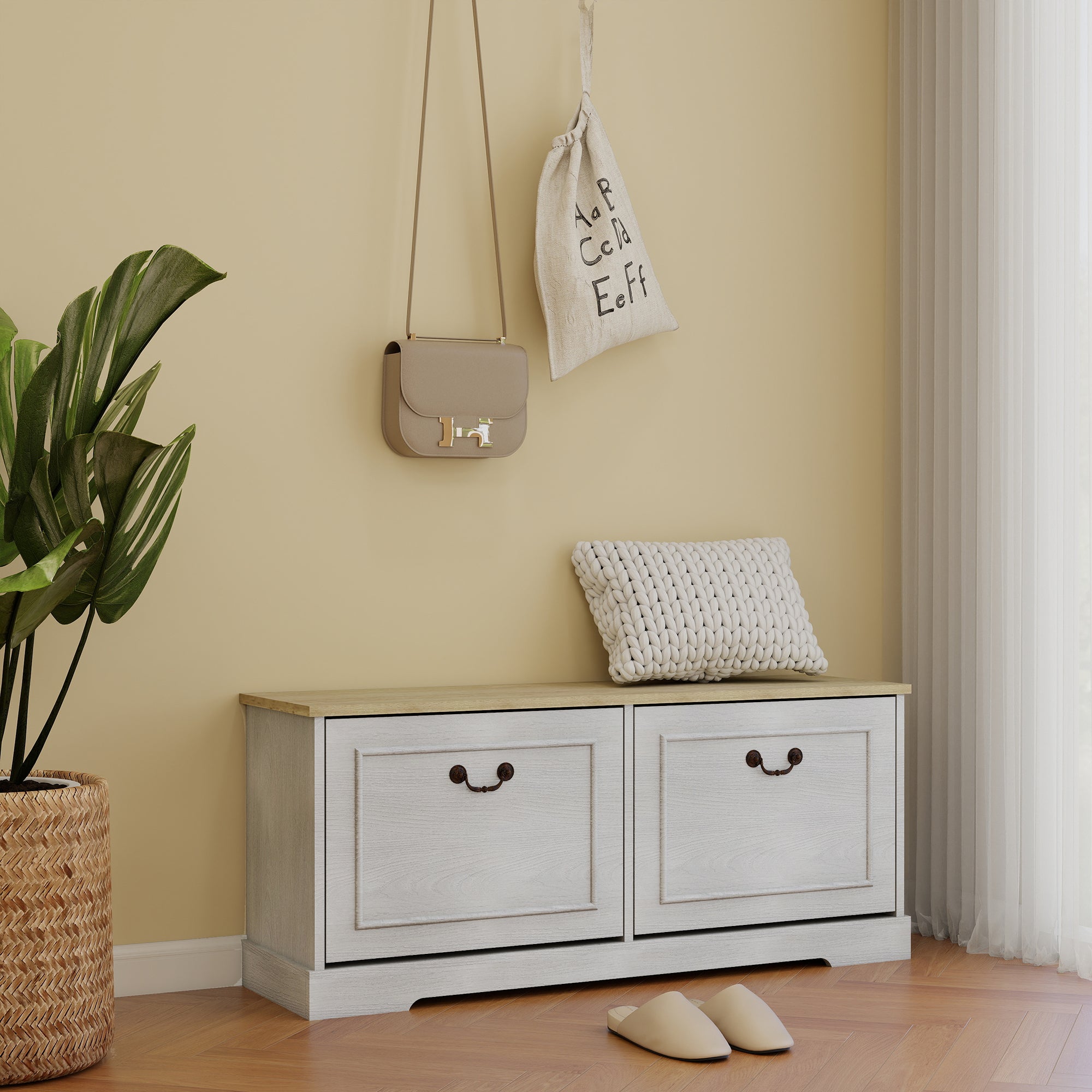 Shoe Storage Bench with 2 Flip Drawers and Adjustable Shelf