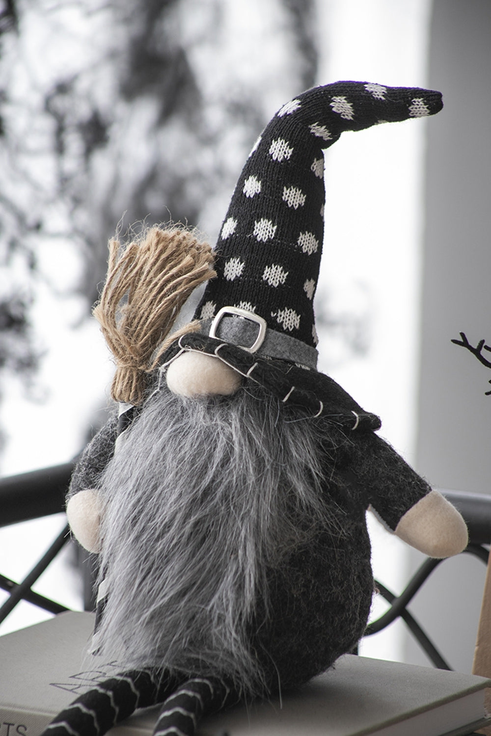 Black Halloween Gnome – 25'' Fabric Decor with Broomstick & Dangly Legs