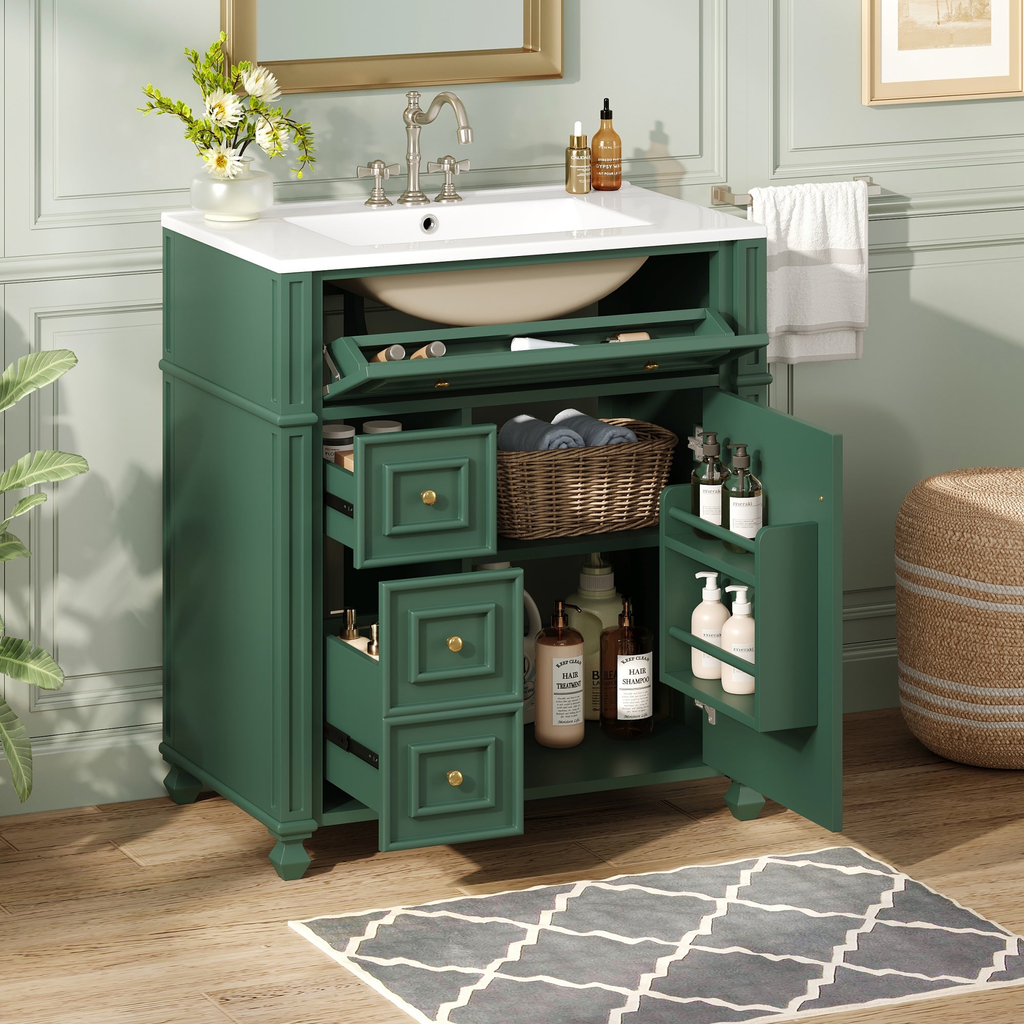 Bathroom Vanity Cabinet with Ceramic Sink Basin - 30 Inch