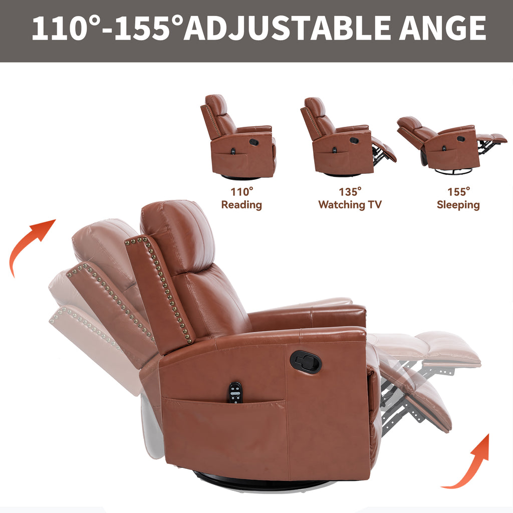 Red Genuine Leather Heat Massage Manual Recliner Chair