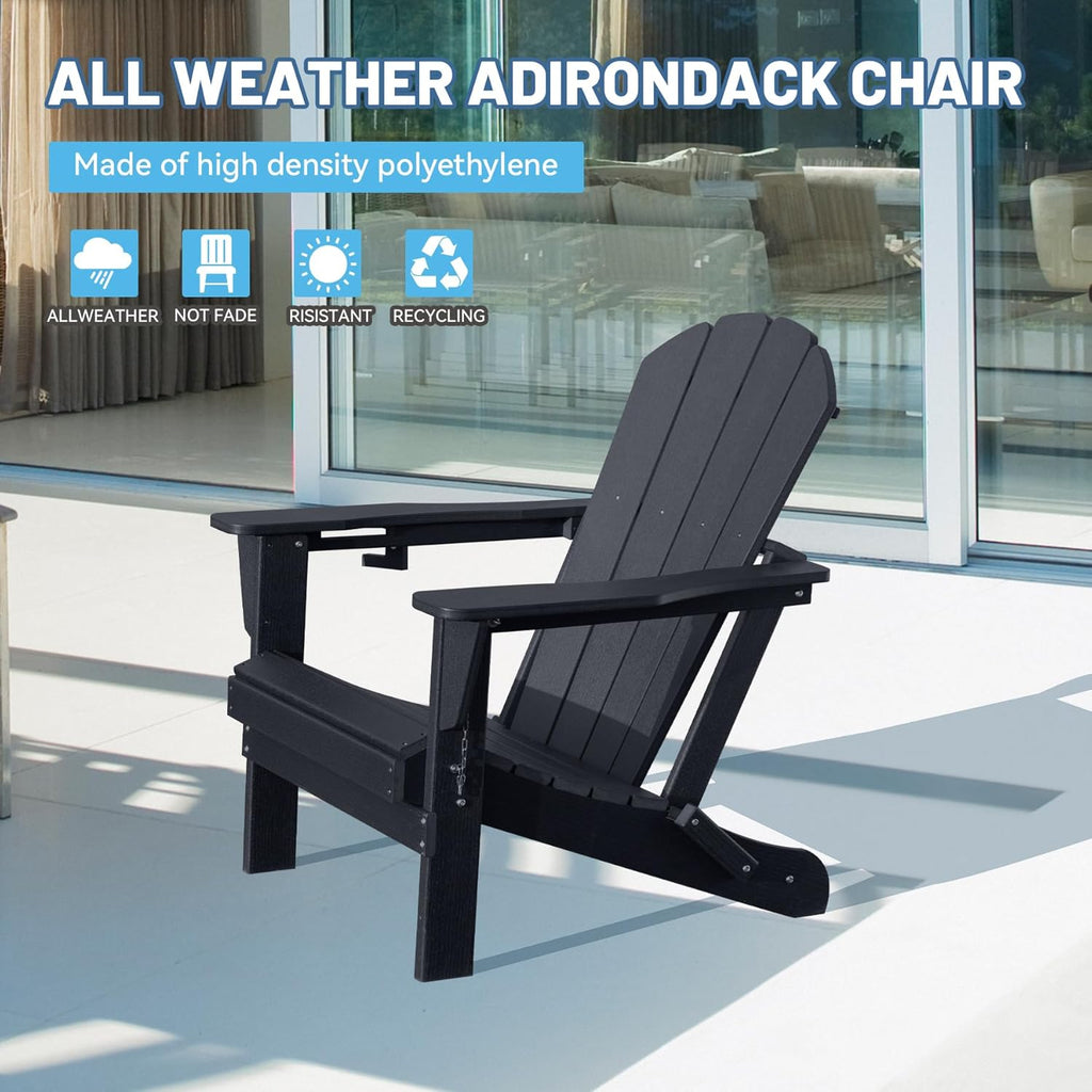 Folding Adirondack Chair with Cup Holder - Black