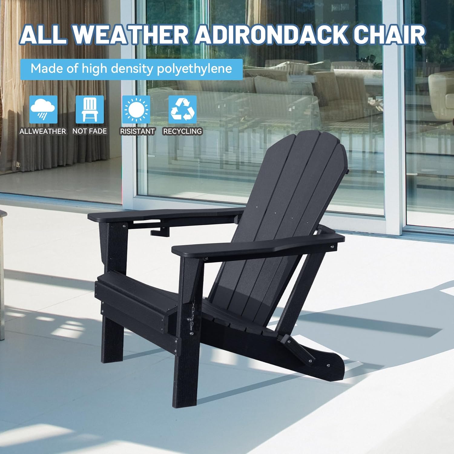 Folding Adirondack Chair with Cup Holder - Black