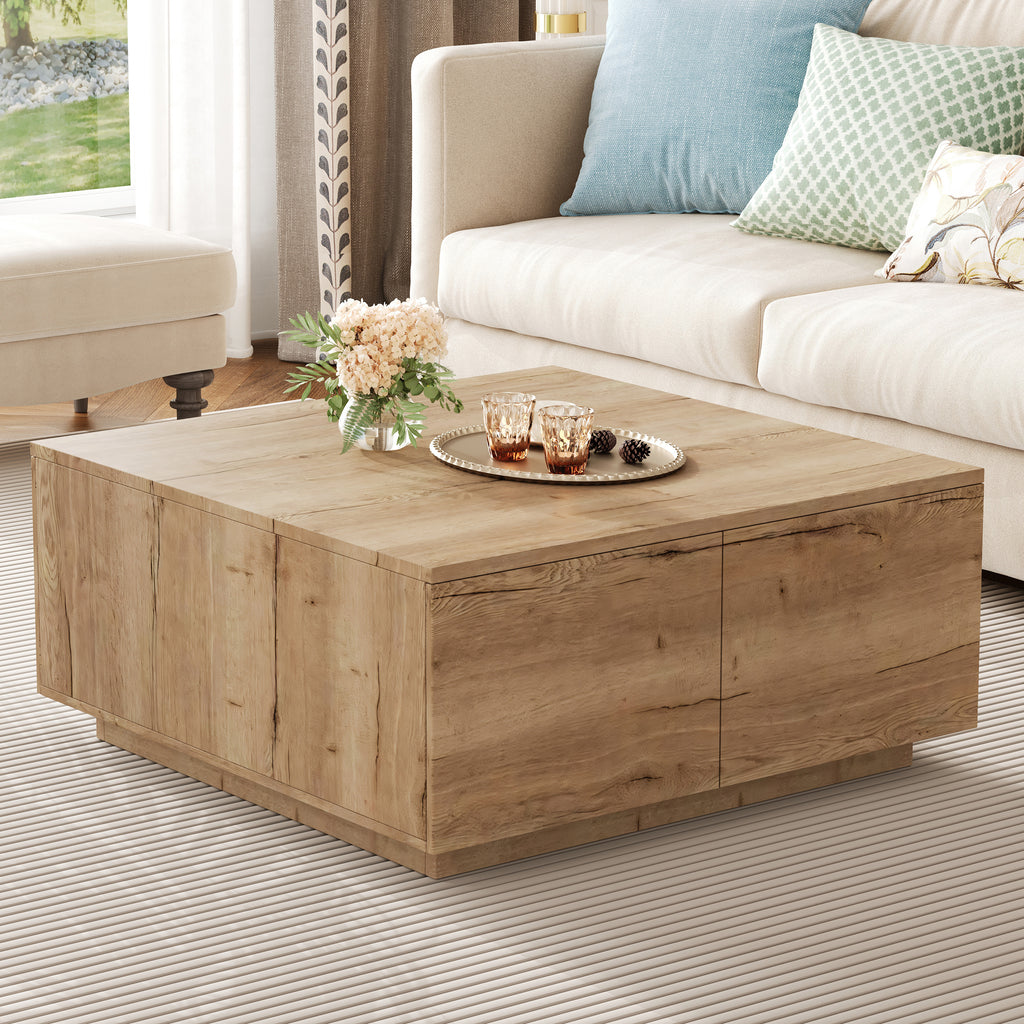 Square Coffee Table with 4 Drawers, 33.25-Inch, Natural