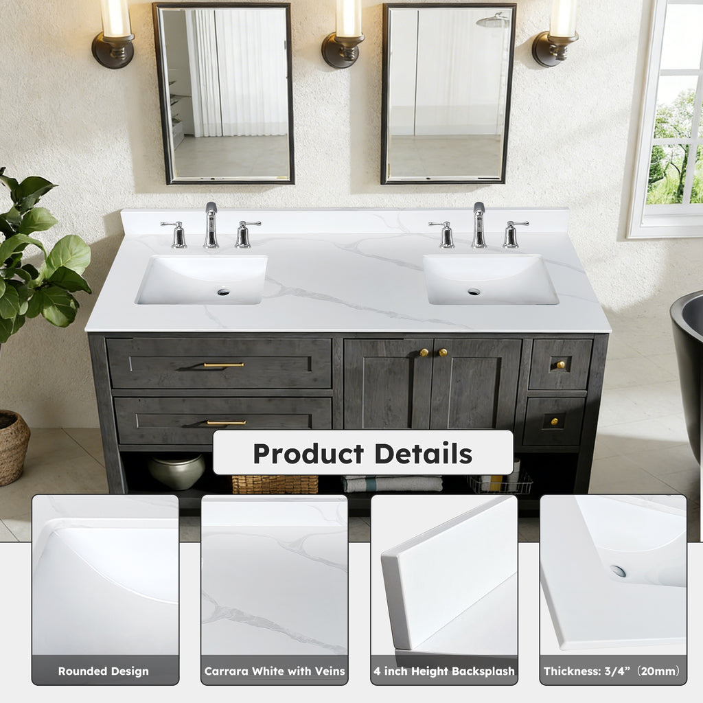 61-Inch Quartz Double Bathroom Vanity Top