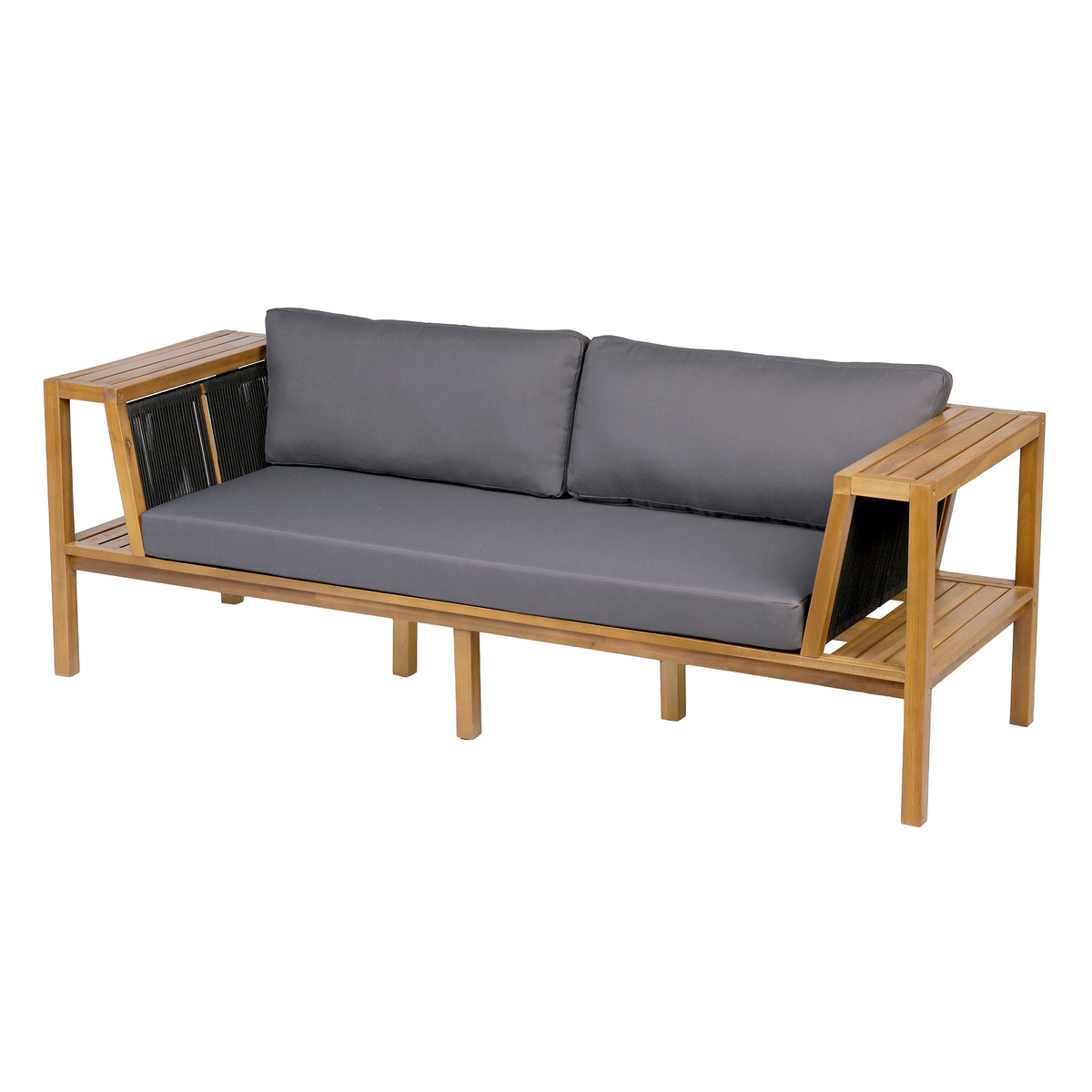 Teak Finish Acacia Wood Outdoor Daybed Sofa Set with Rope Panels, Grey Cushions