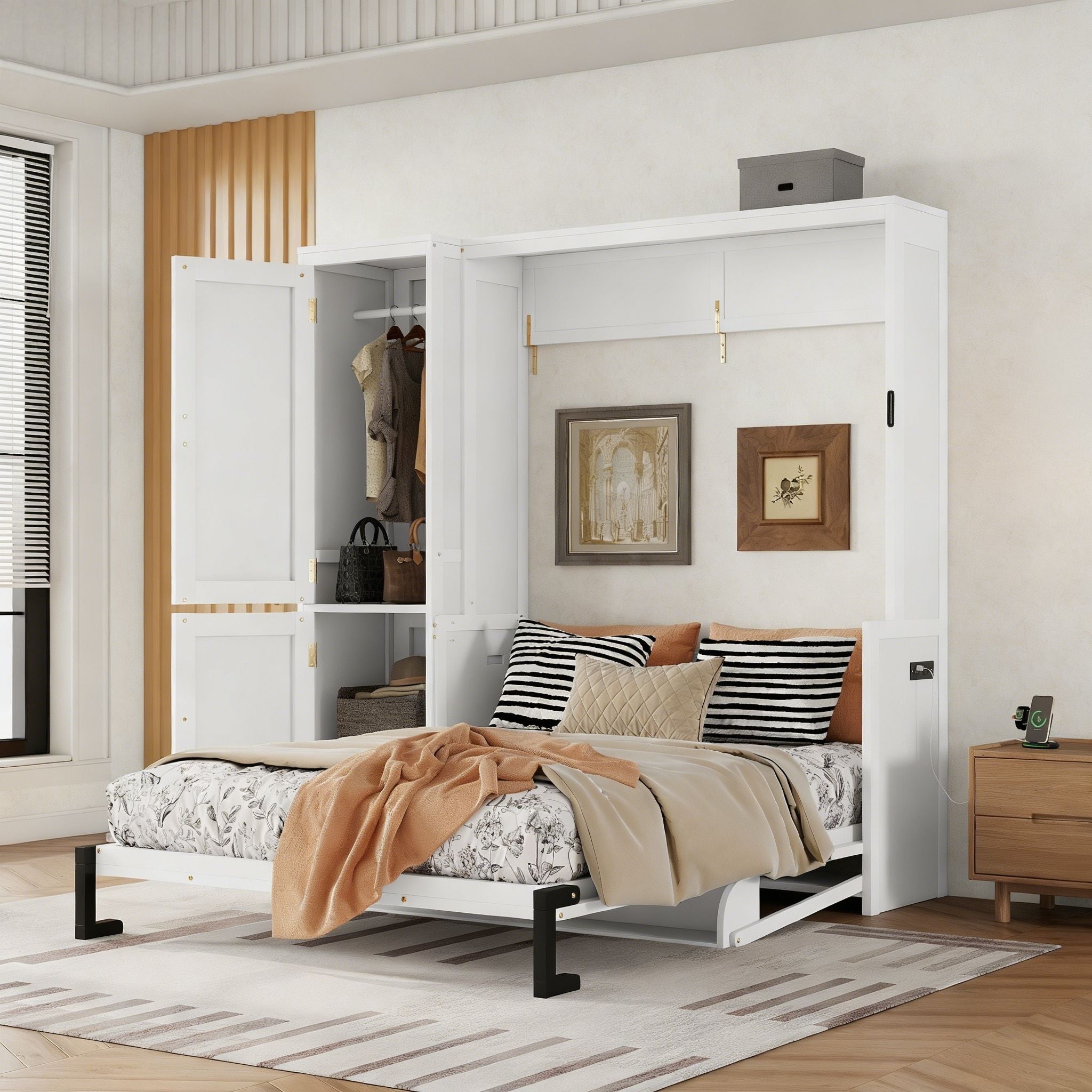 Queen Size Murphy Bed With Wardrobe, Space-Saving Hidden Wall Bed With Desk And Charging Station - White