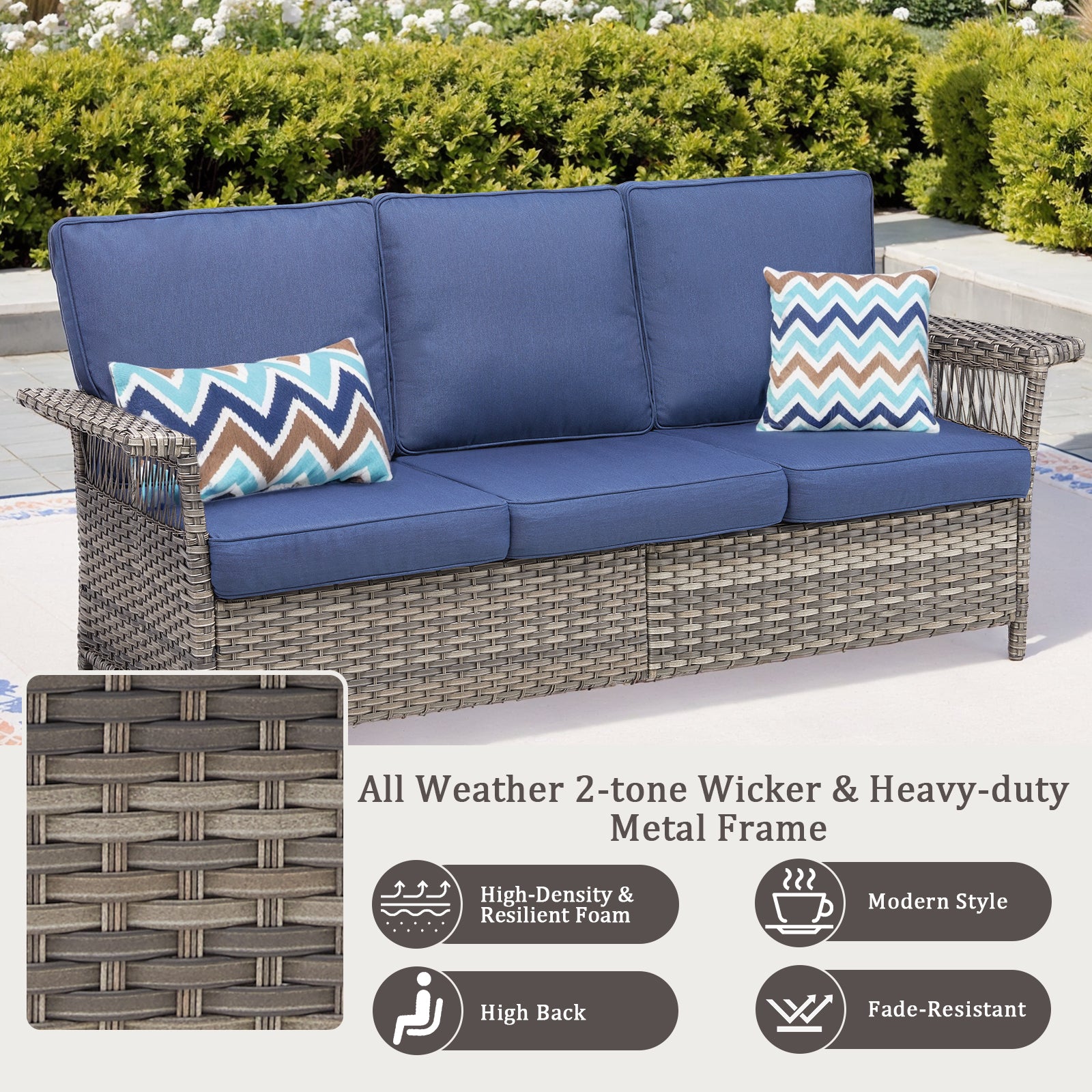 76.7" Wide Outdoor Wicker Patio Sofa