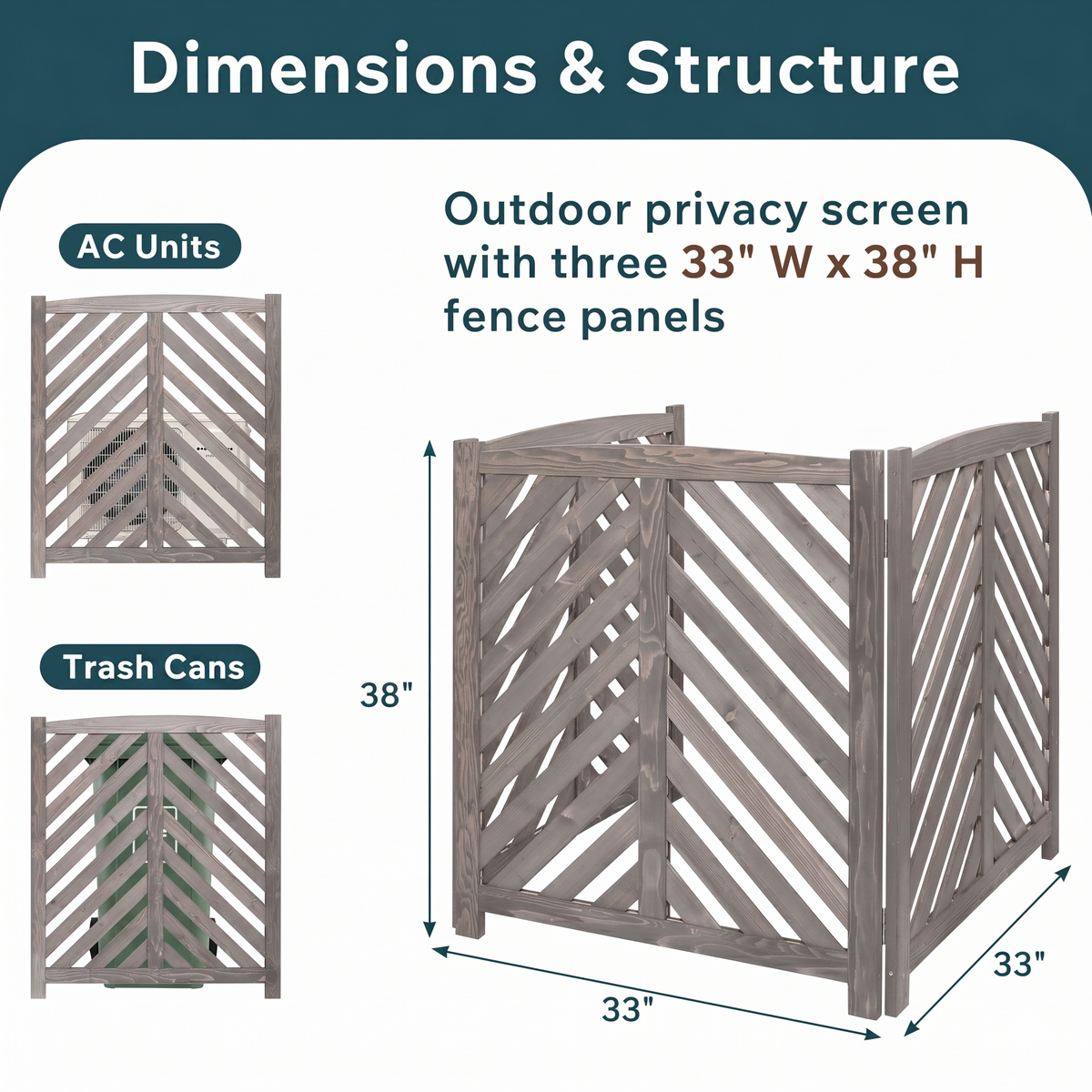 Air Conditioner Fence Screen, 3-Panel Cedar Privacy Screen, 33"W x 38"H, Gray
