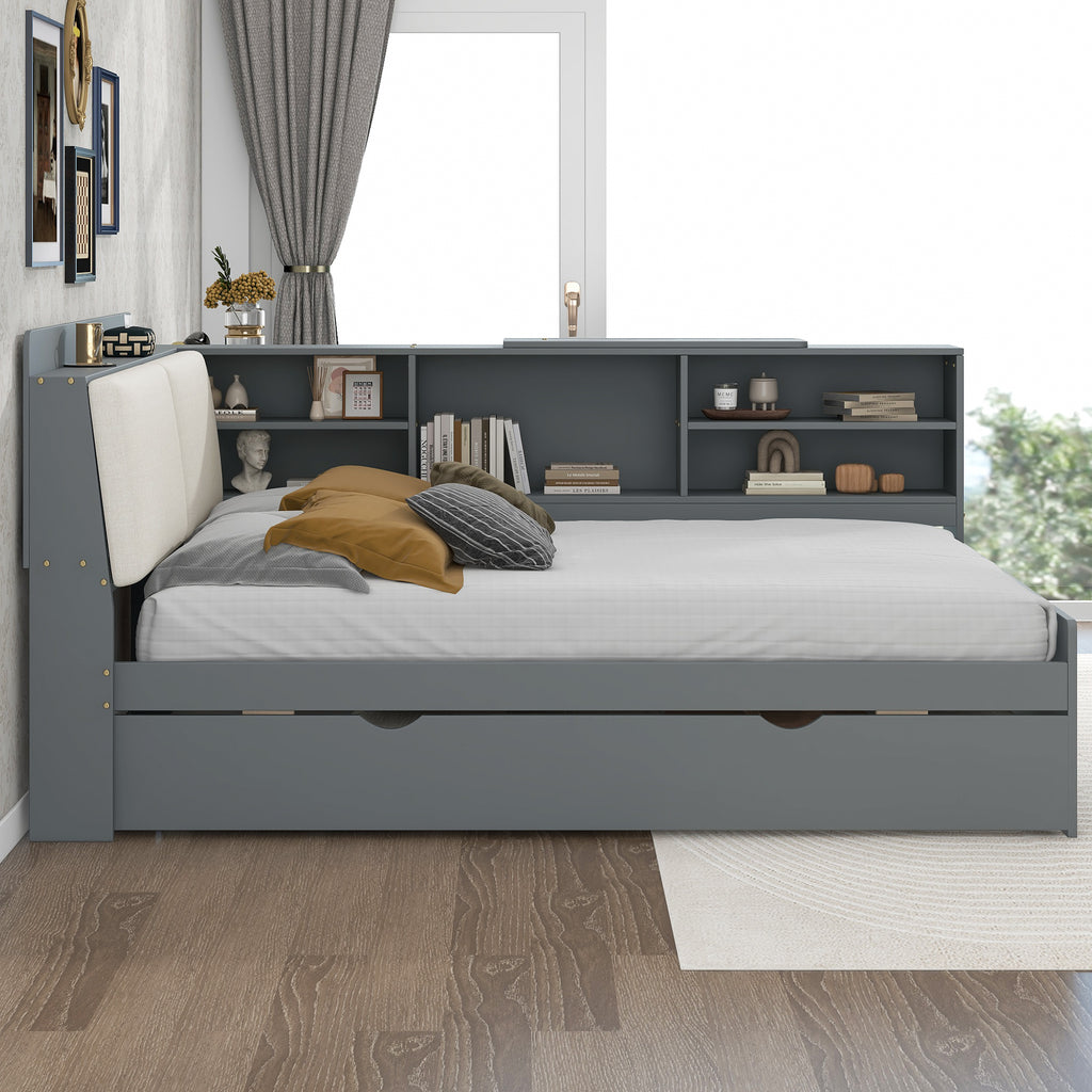 Wood Full Size Platform Bed with Trundle, Shelves and Storage Headboard