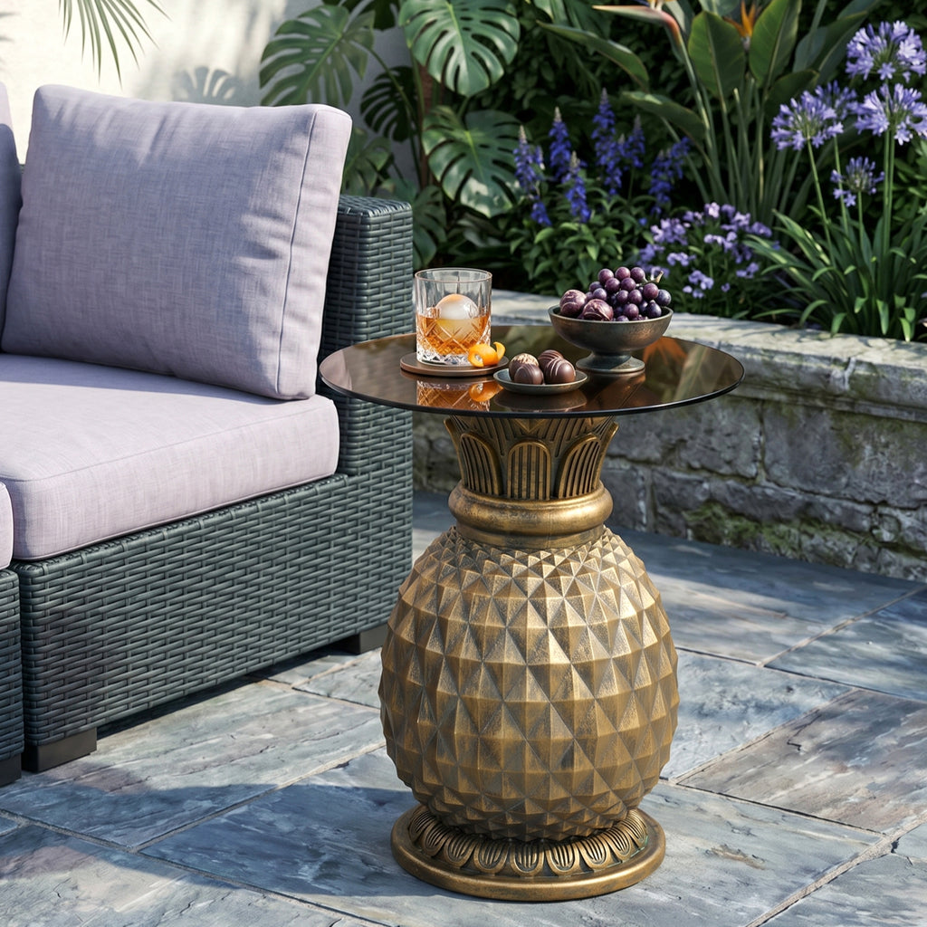 Yellow Pineapple Side Table with Tempered Glass Top, 19.69-Inch