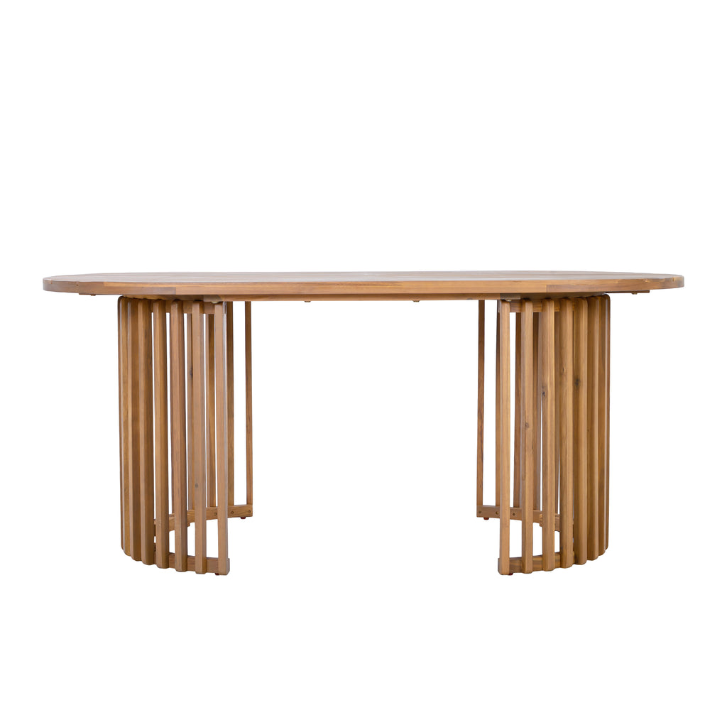 Light Teak Acacia Wood Oval Outdoor Dining Table, Vertical Slatted Legs