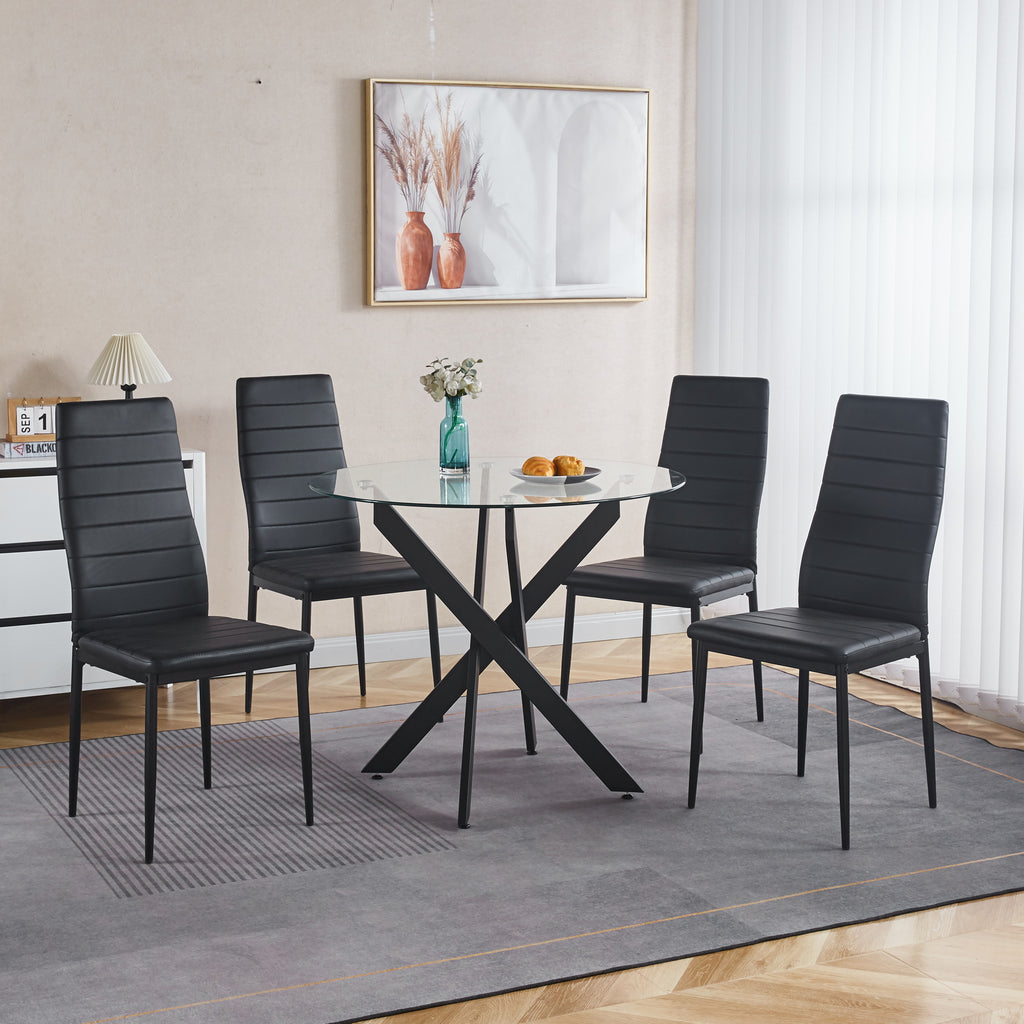 Black Dining Table with Cross Metal Leg and Tempered Glass