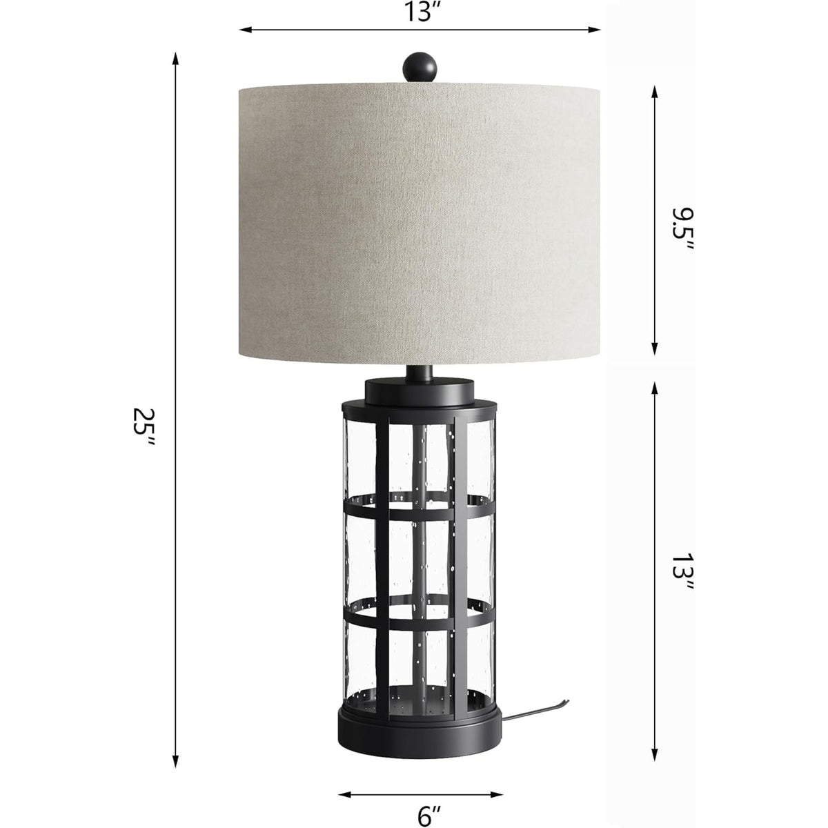 Glass Table Lamps Set of 2, 25-Inch, 3-Way Dimmable with USB and Type C, Black