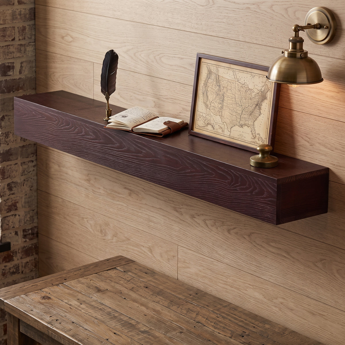 60-Inch Fireplace Mantel Floating Shelf, Solid Pine Wood, Dark Walnut