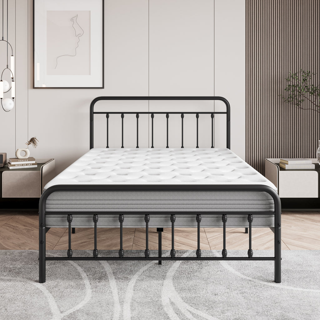 Metal Platform Bed Frame with Victorian Style Headboard