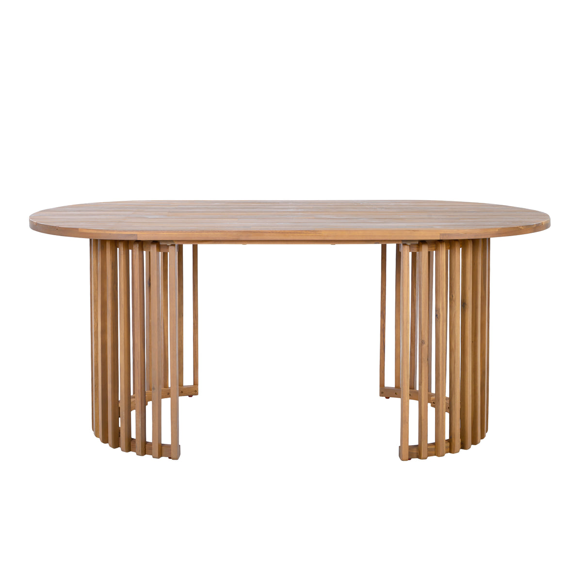 Light Teak Acacia Wood Oval Outdoor Dining Table, Vertical Slatted Legs