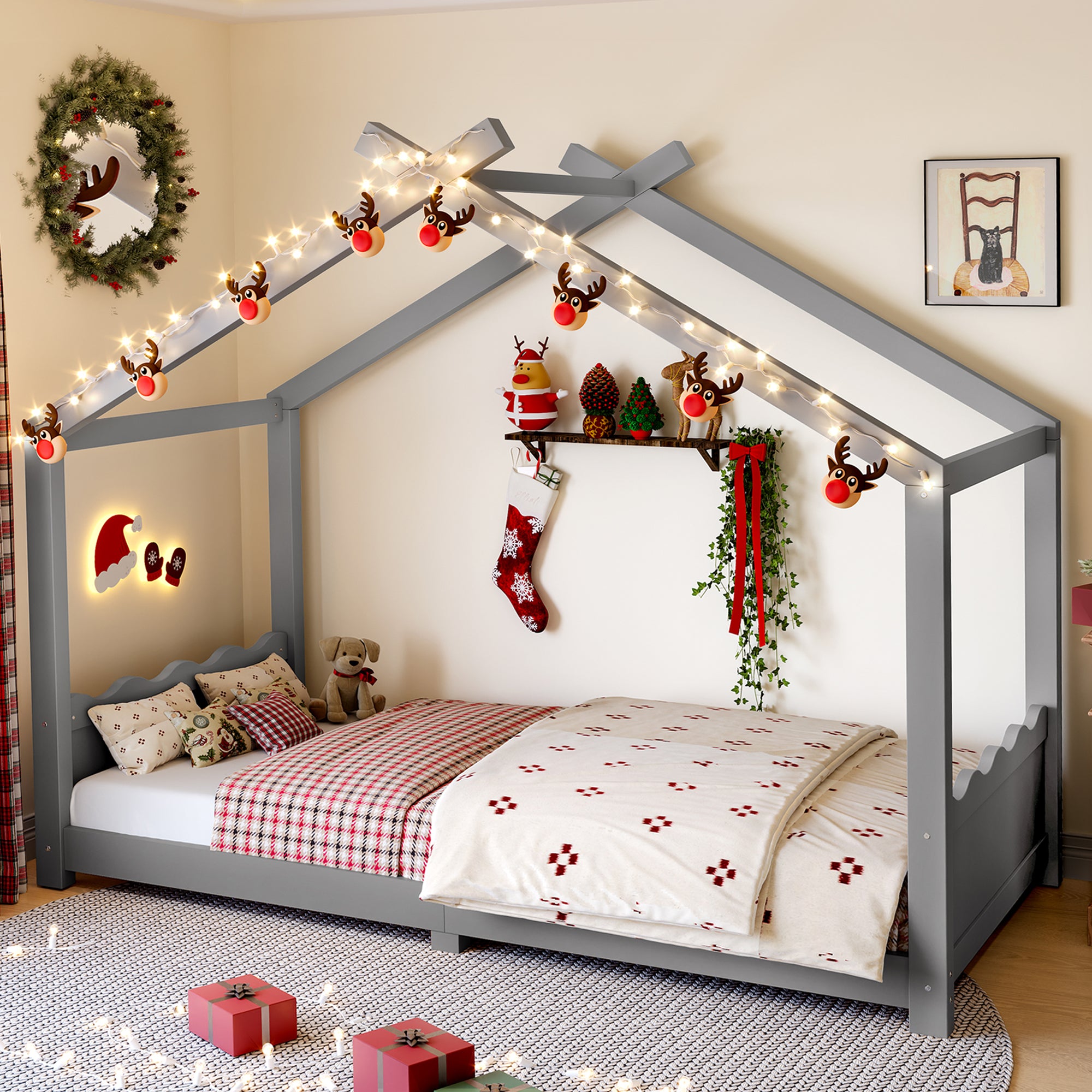 Twin House Floor Bed with Support Slats