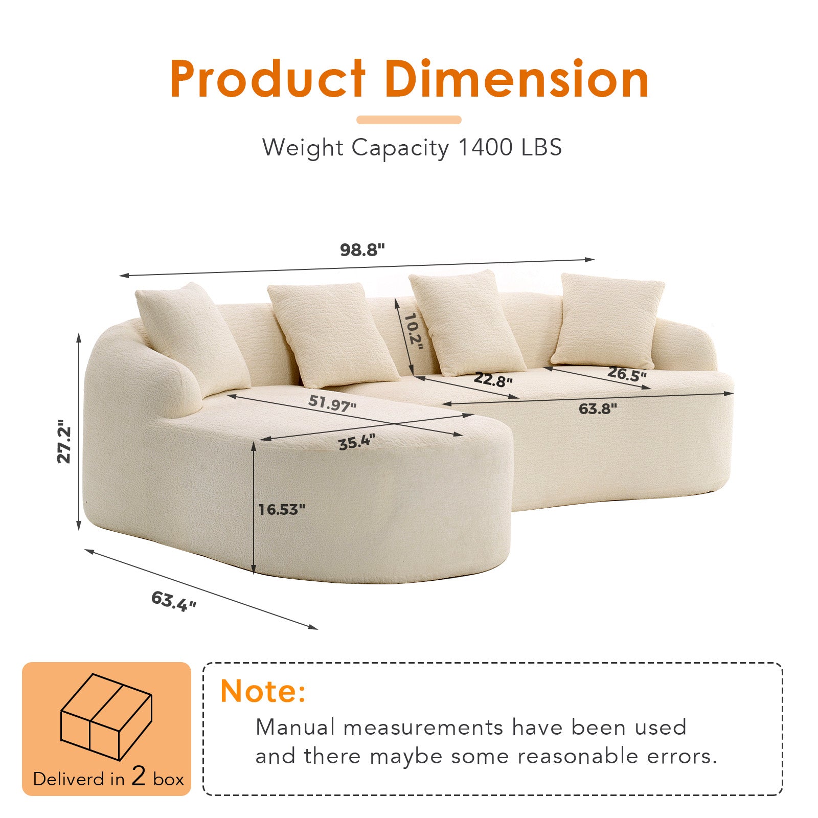 Boneless L-Shape Sectional Sofa with Curved Chaise