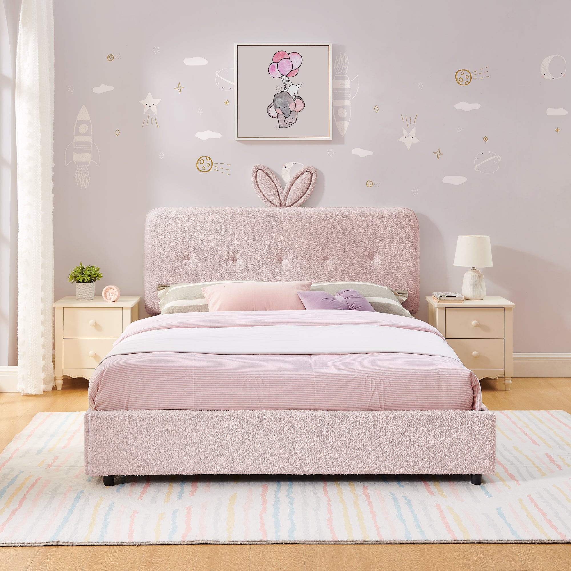 Full Size Kids Upholstered Bed with Oversized Rabbit Ear Headboard