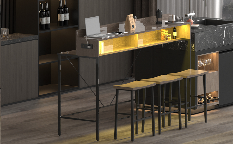 59 Inch Bar Table with Power Socket and LED Light Set