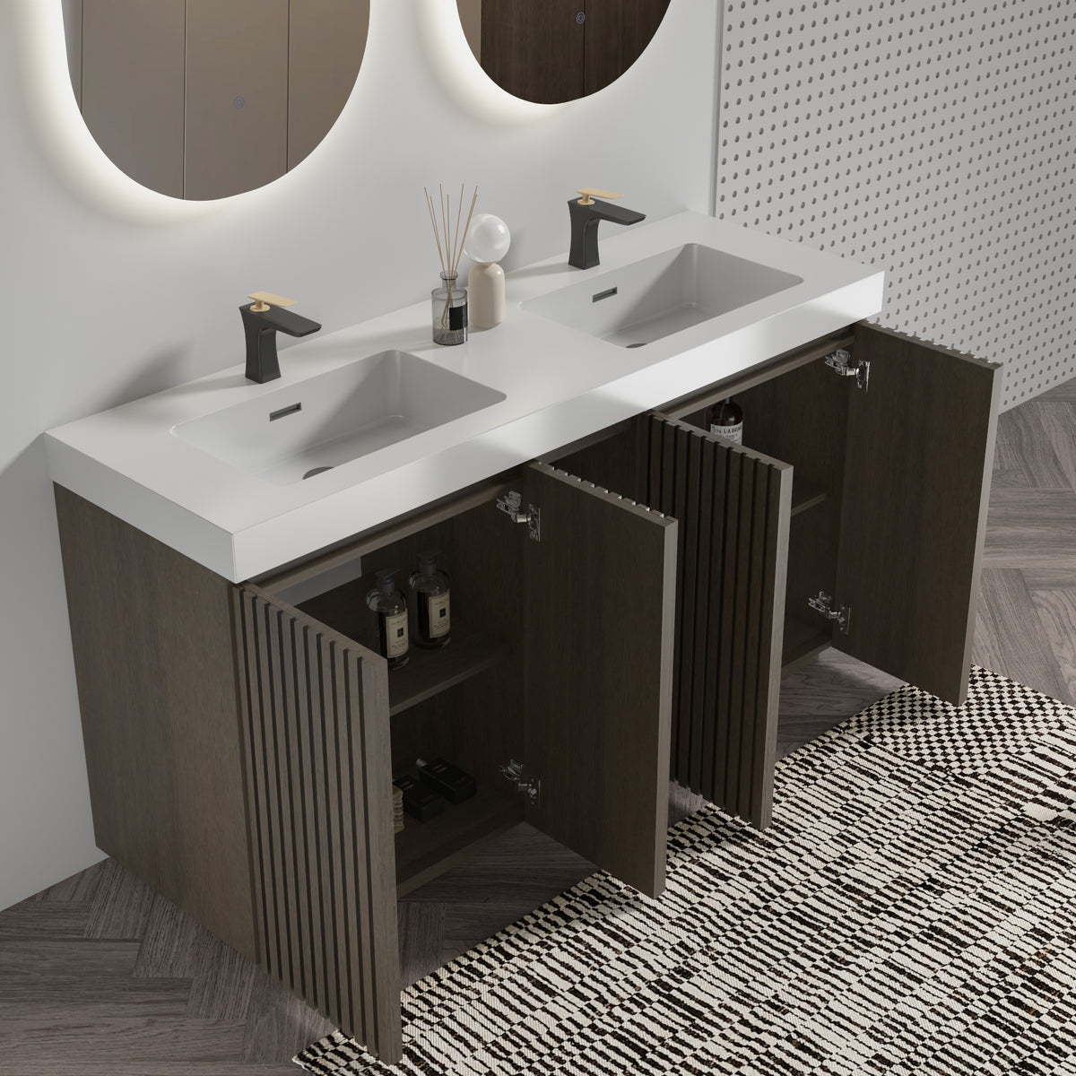 GALAN 60-Inch Bathroom Vanity with Double Sinks, Smoked Oak