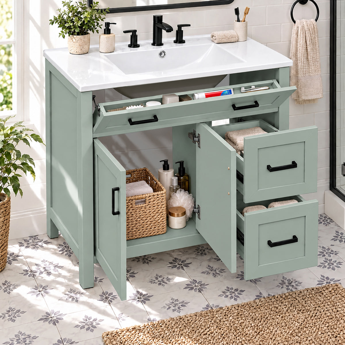 36-Inch Bathroom Vanity with Ceramic Sink, Soft-Close Doors, Sage Green
