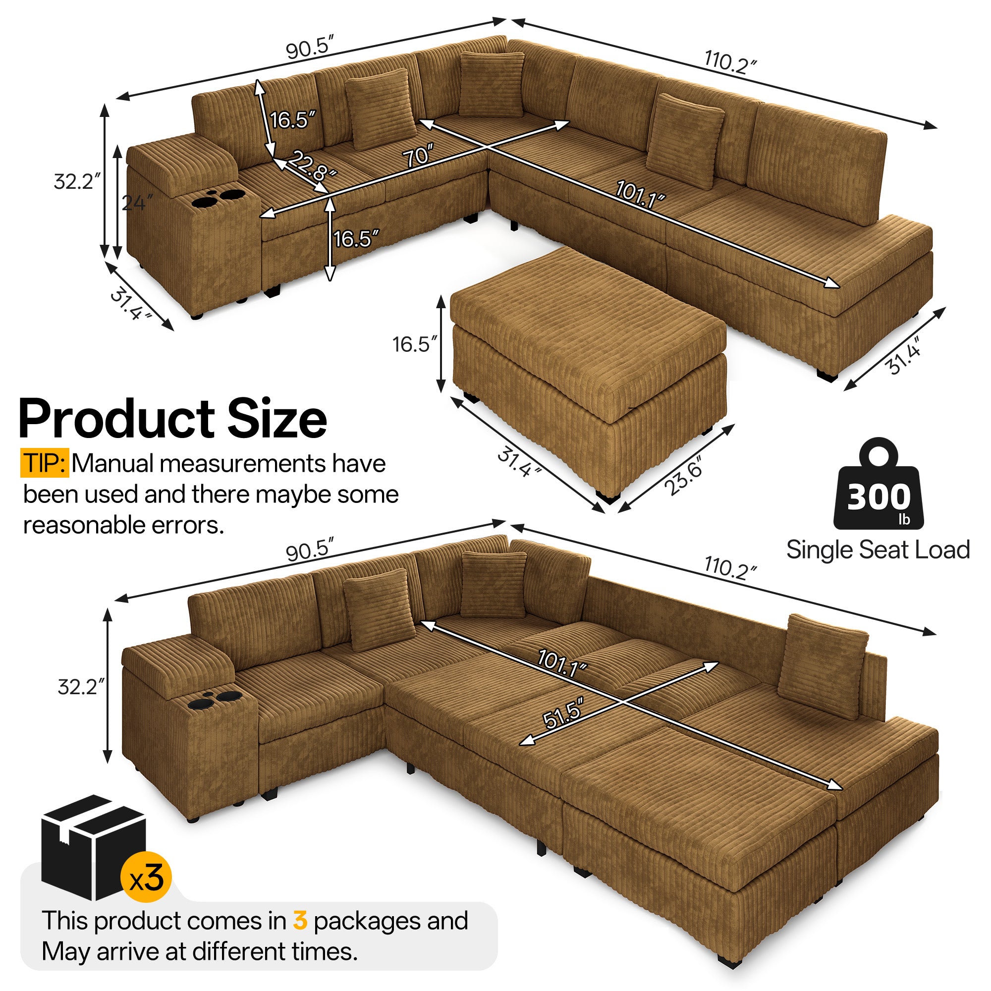 110.2" L-Shaped Sectional Sofa Set with Removable Ottoman