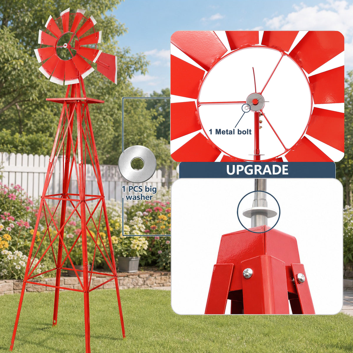 8FT Decorative Garden Windmill, Heavy Duty Metal Yard Ornament with 4 Leg Frame