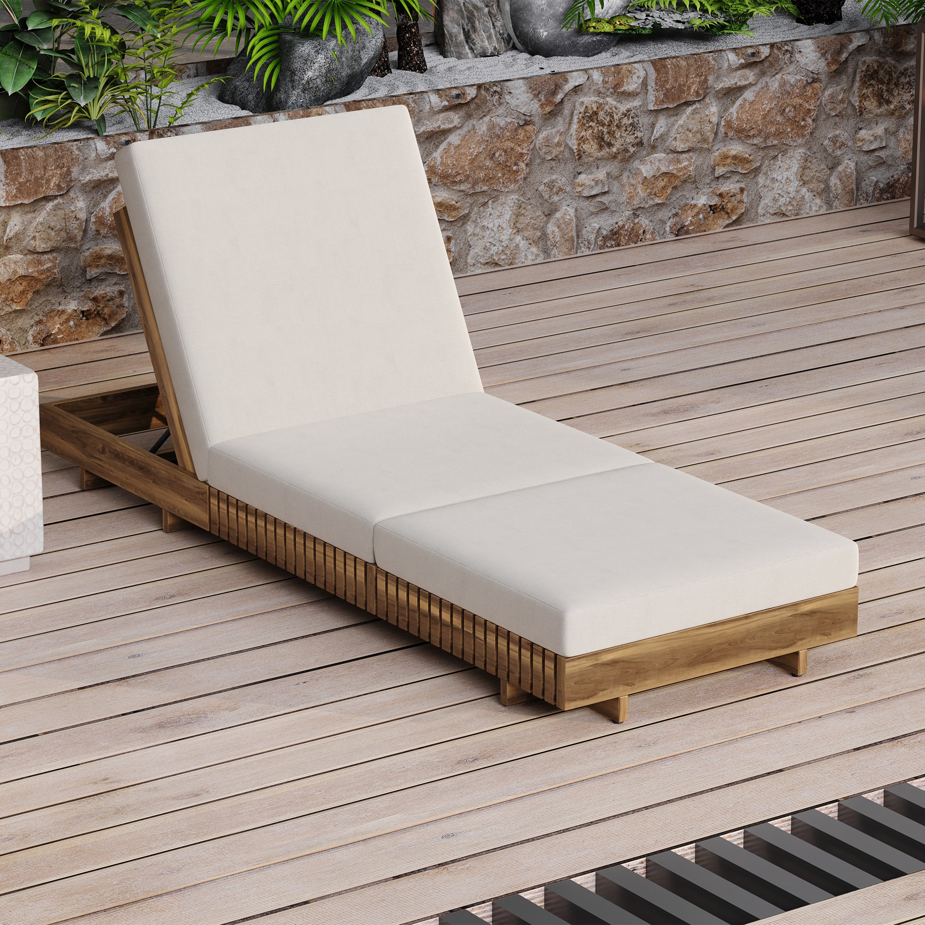 Acacia Solid Wood Lounge Chaise Set with Cream Cushion