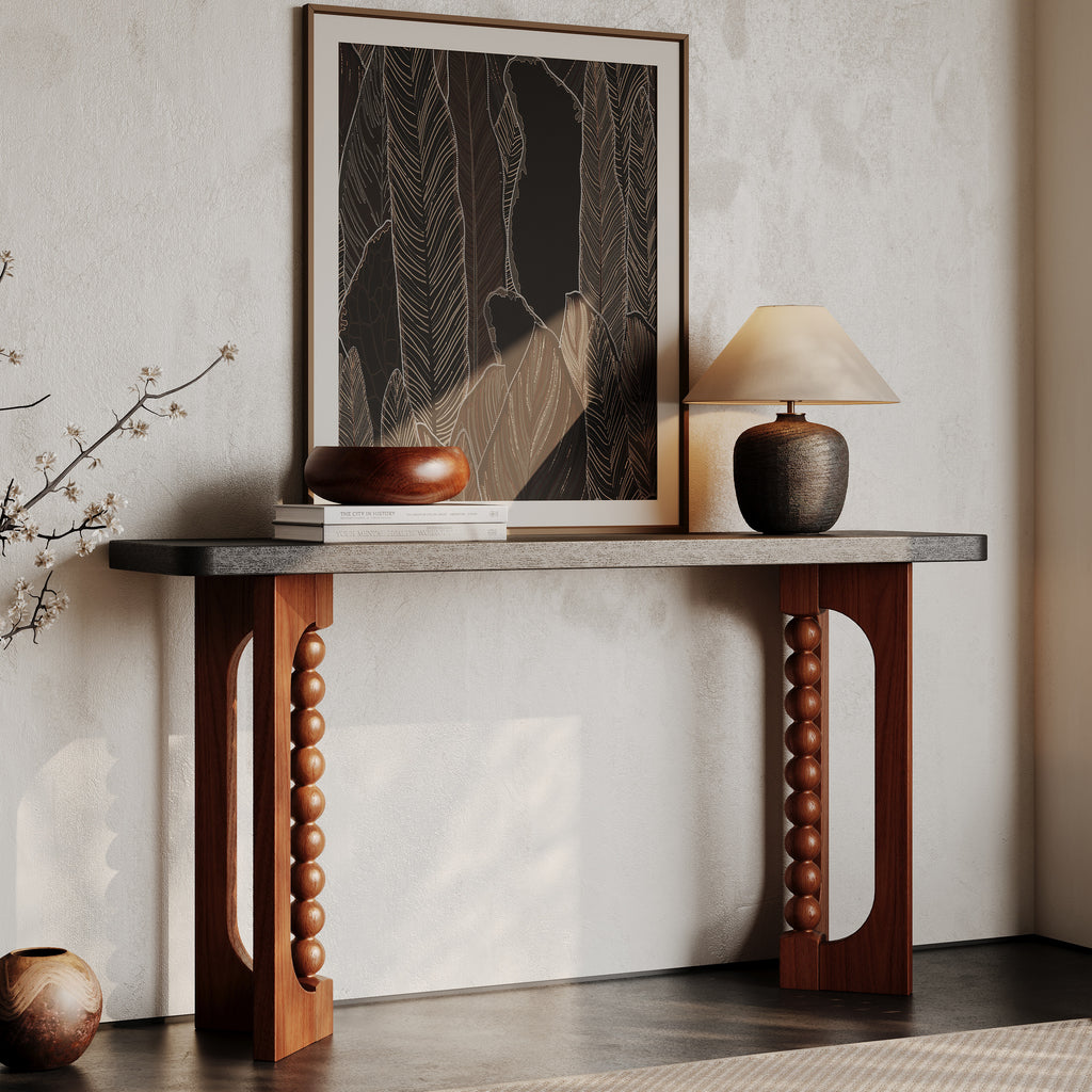 59'' Console Table for Living Room,Long Wood Sofa Table Behind Couch Table,Narrow Hallway Lacquered Accent Tables Unique Spherical Legs for Hallway, Living Room