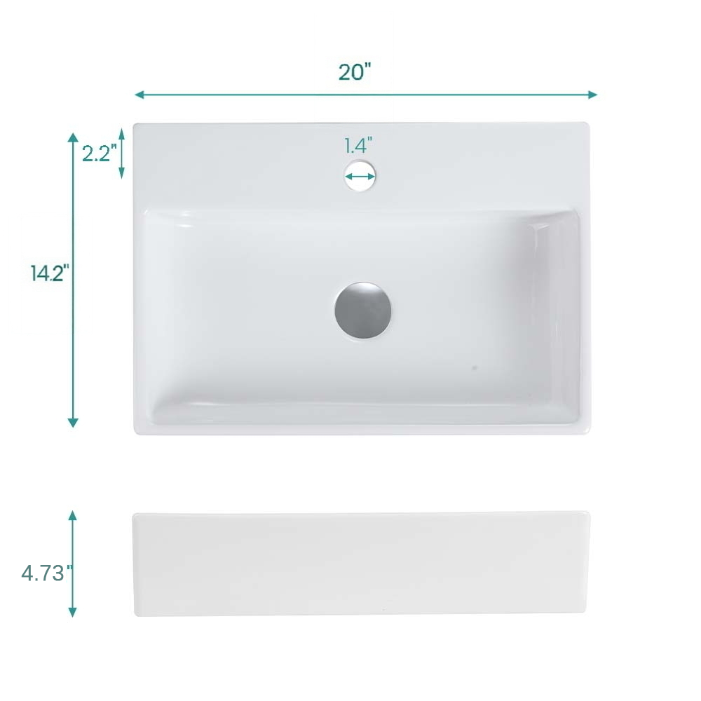 20"x14" Integrated Glossy White Ceramic Sink