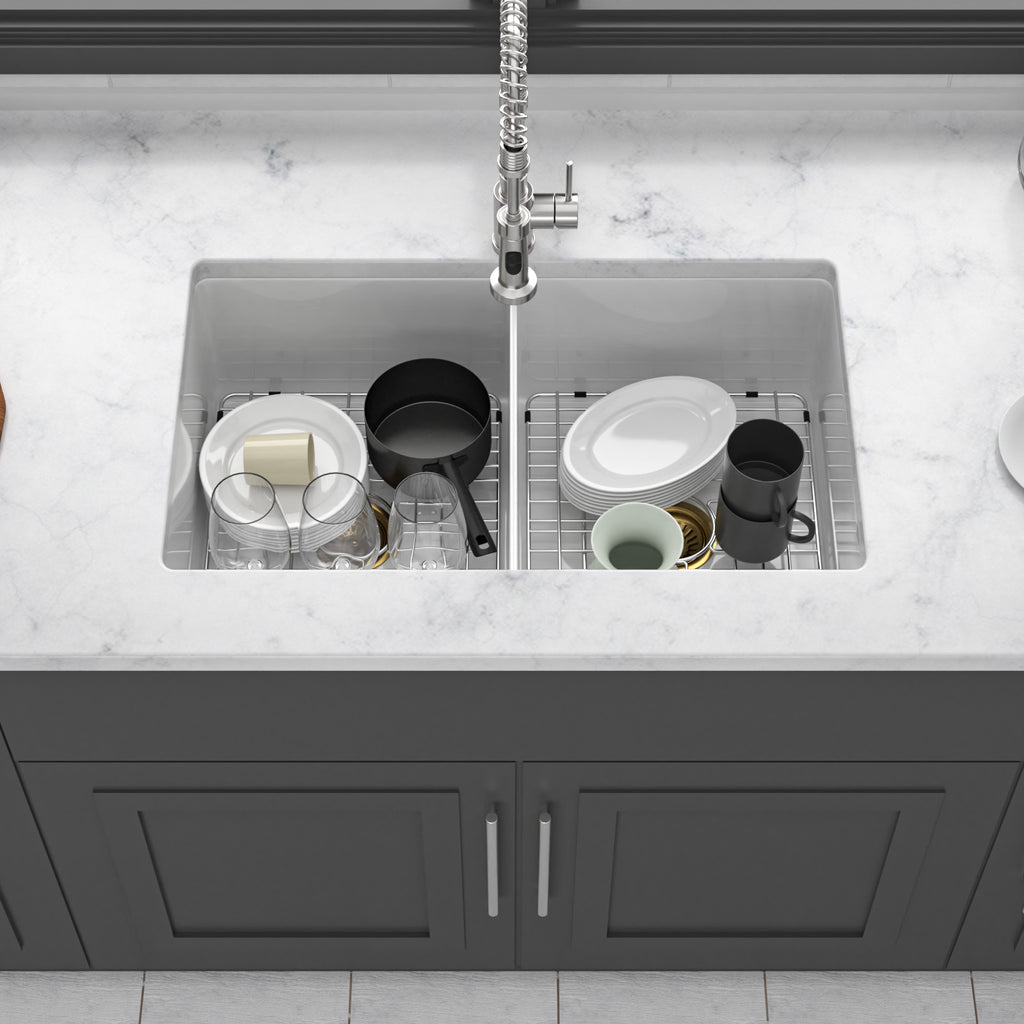 32"x19"x10" Undermount Double Bowl Porcelain Fireclay Kitchen Sink