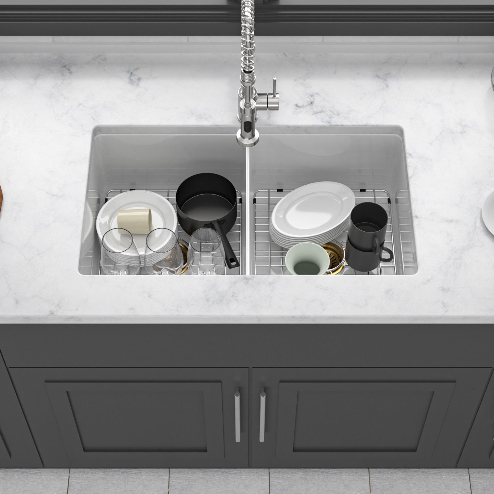 32"x19"x10" Undermount Double Bowl Porcelain Fireclay Kitchen Sink