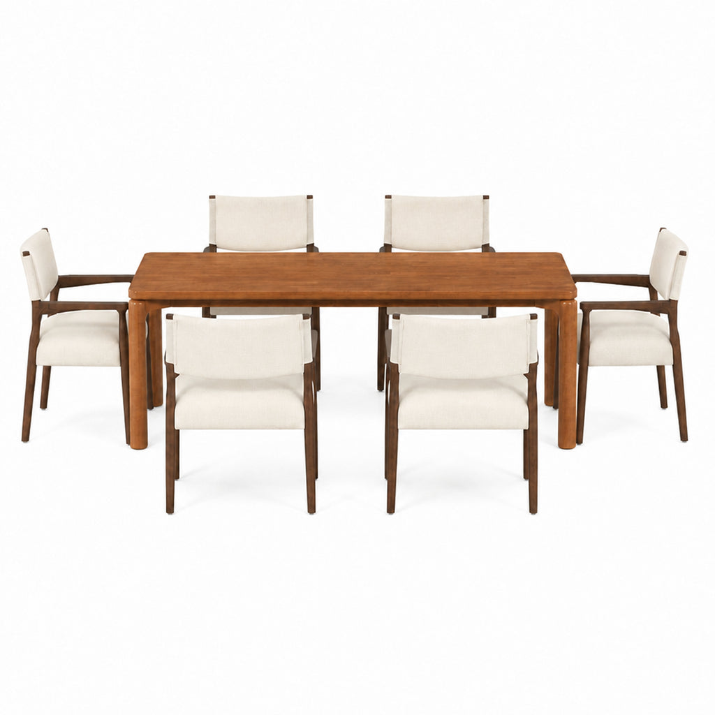 7-Piece Rectangular Dining Table Set, 70-Inch Walnut Rubber Wood with Beige Upholstered Chairs